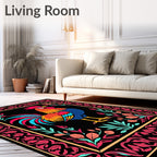 Vibrant Rooster Floral Scroll Border Rug