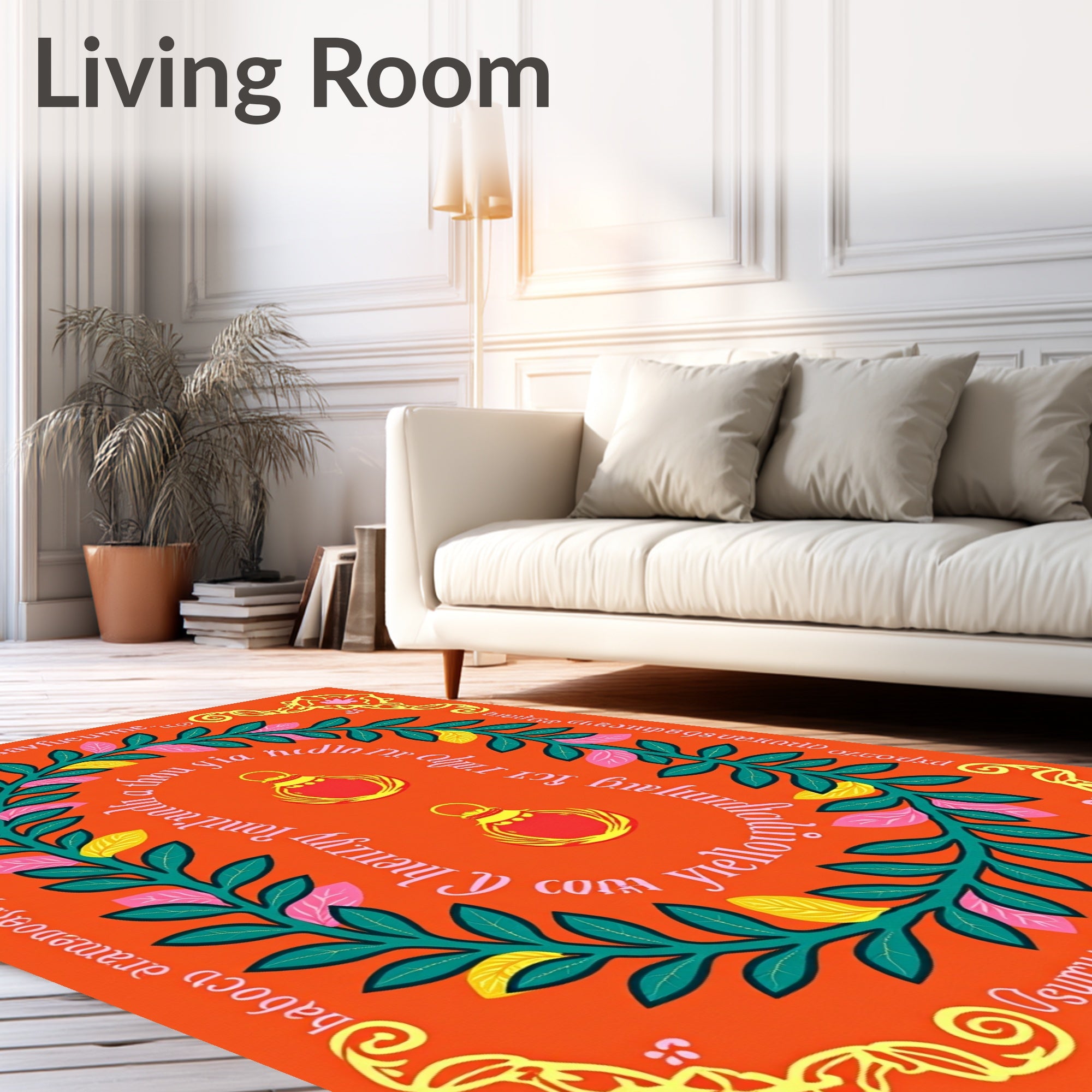 Orange Floral Lantern Laurel Wreath Rug