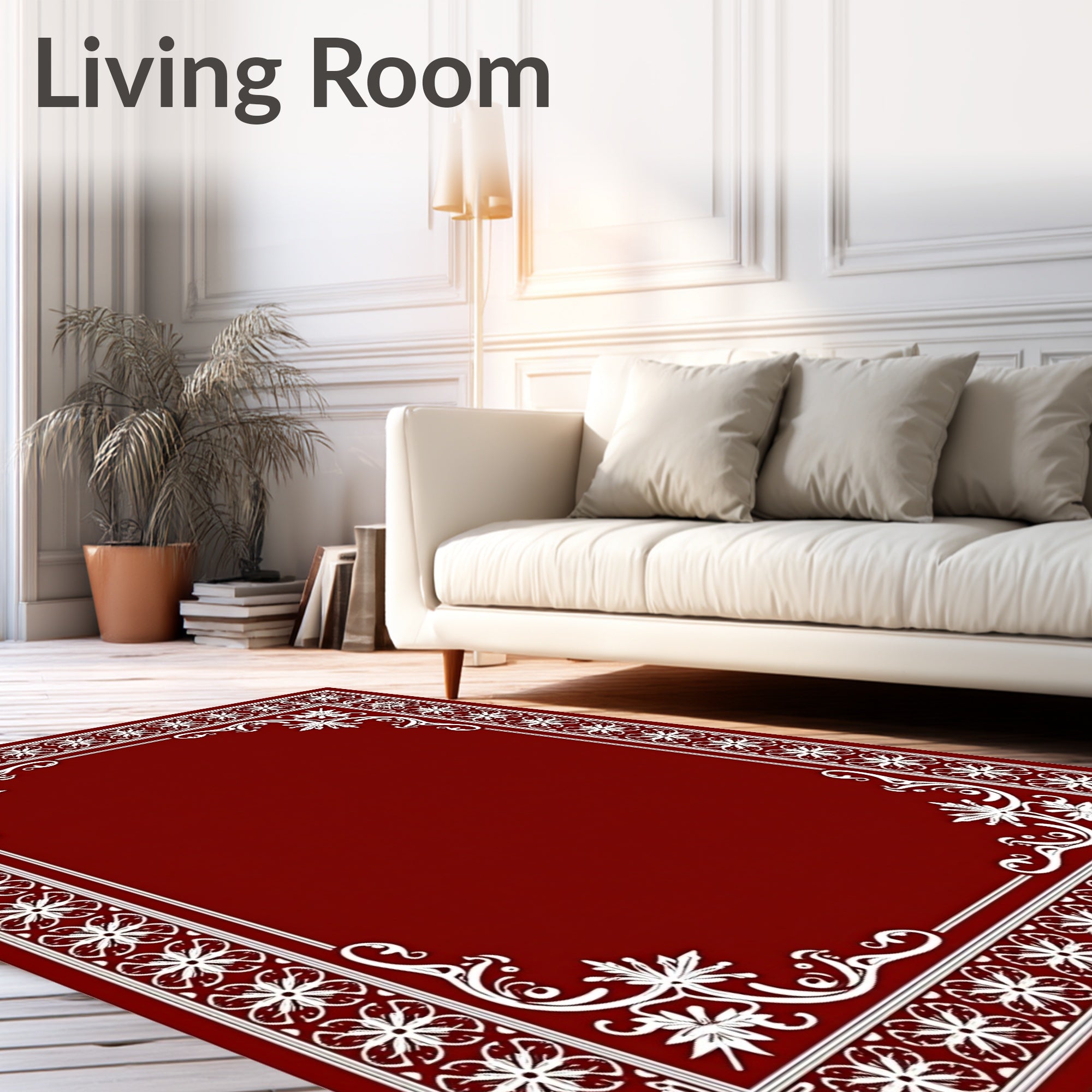 Deep Red Floral Border Statement Rug