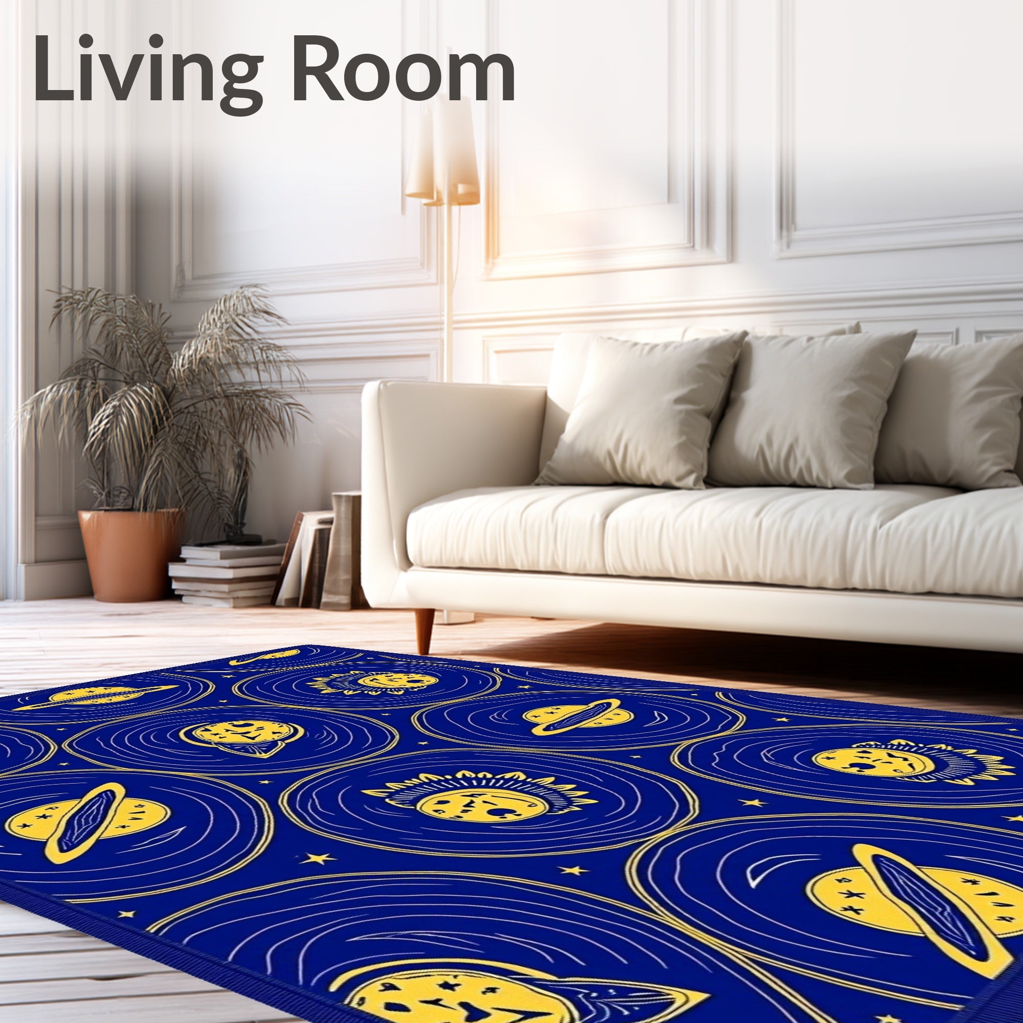 Cosmic Yellow Planets Blue Night Rug
