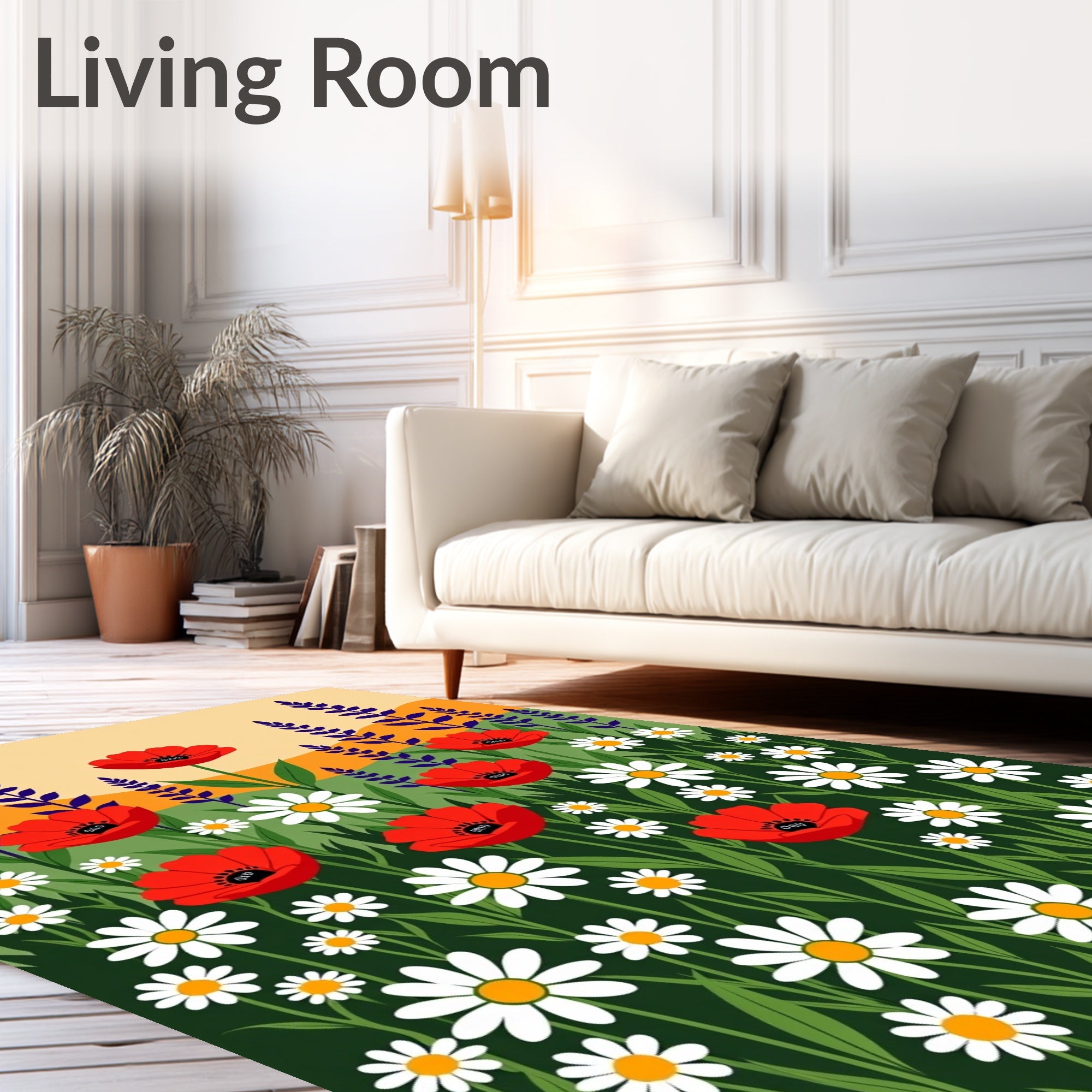 Vivid Red Poppies Daisy Garden Field Rug