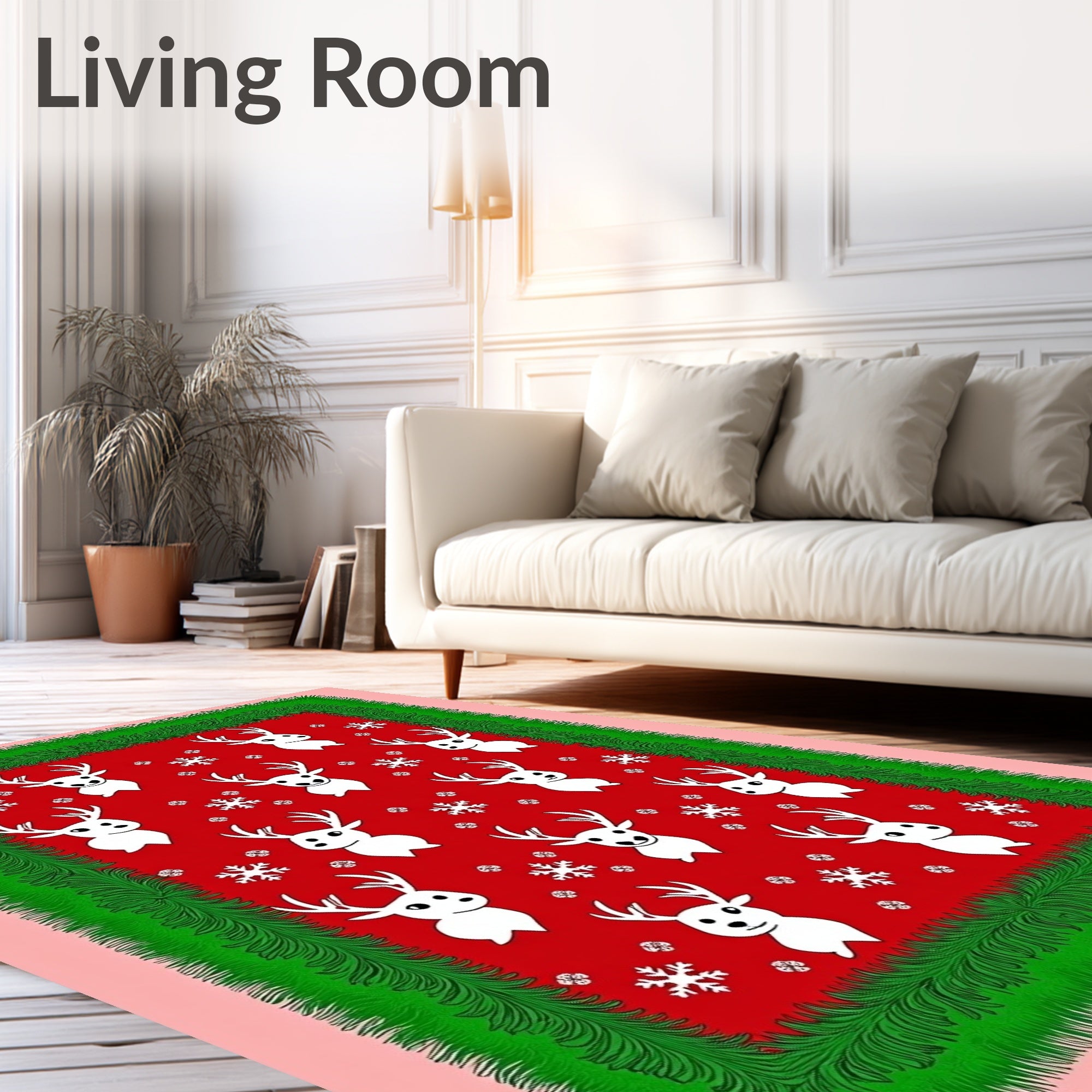 Holiday Reindeer Snowflakes Red Green Trim Rug