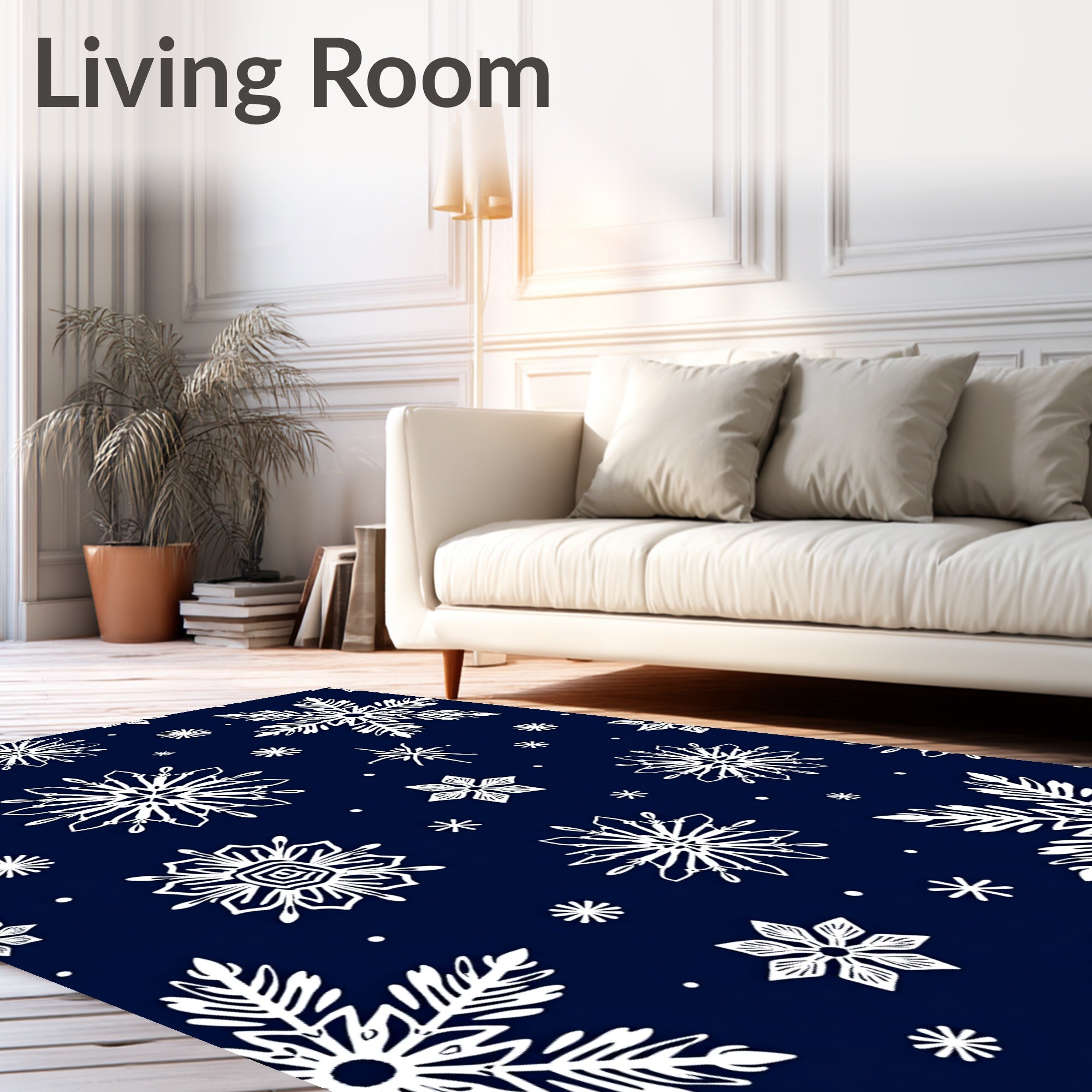 White Snowflake Navy Winter Overlay Rug