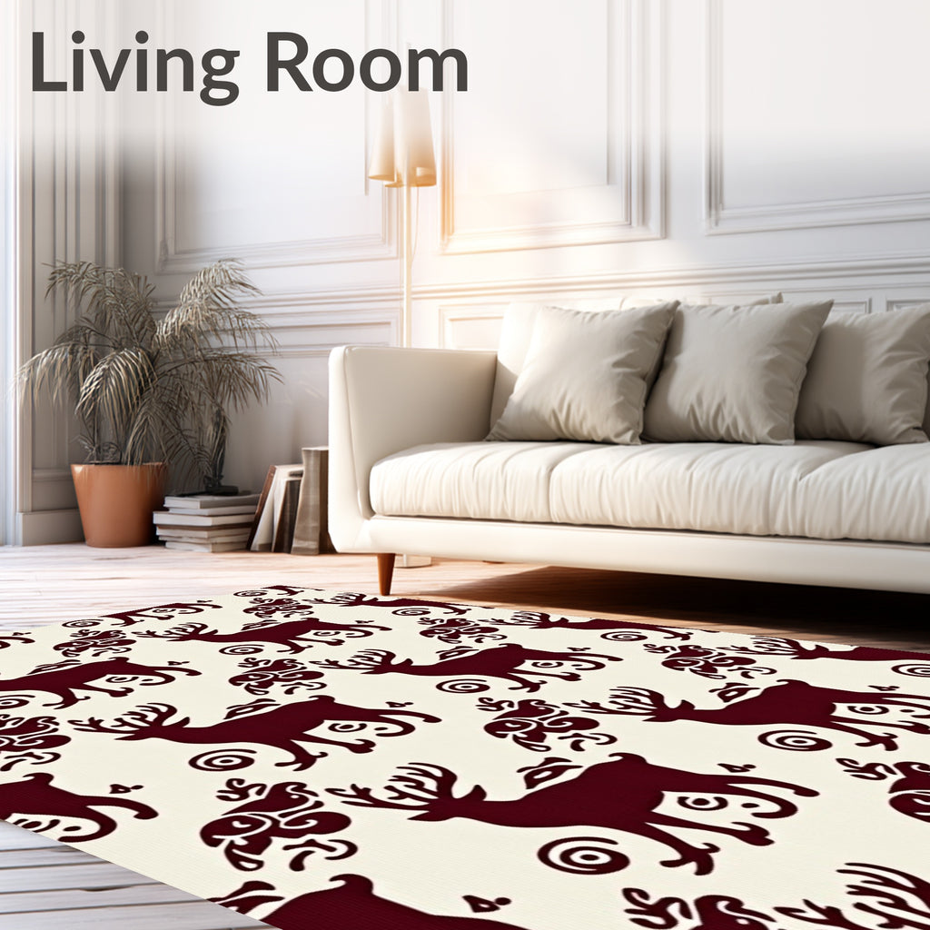 Deep Red Reindeer Folk Art Rug