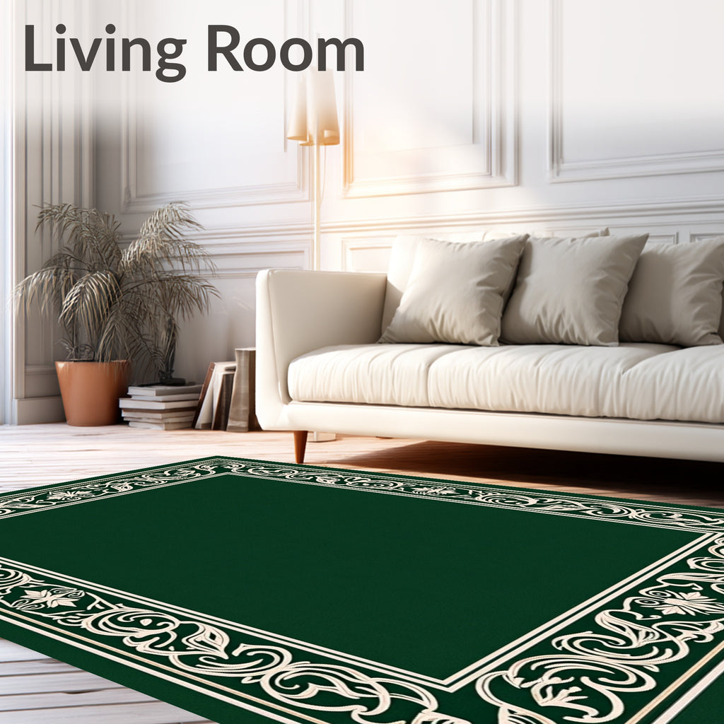 Dark Green Cream Floral Border Rug