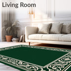 Dark Green Cream Floral Border Rug