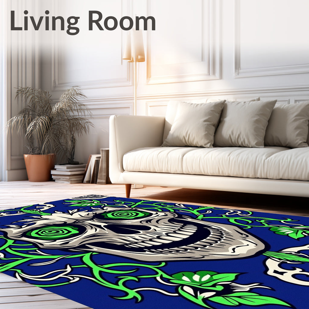 Gothic Skull Green Floral Blue Rug