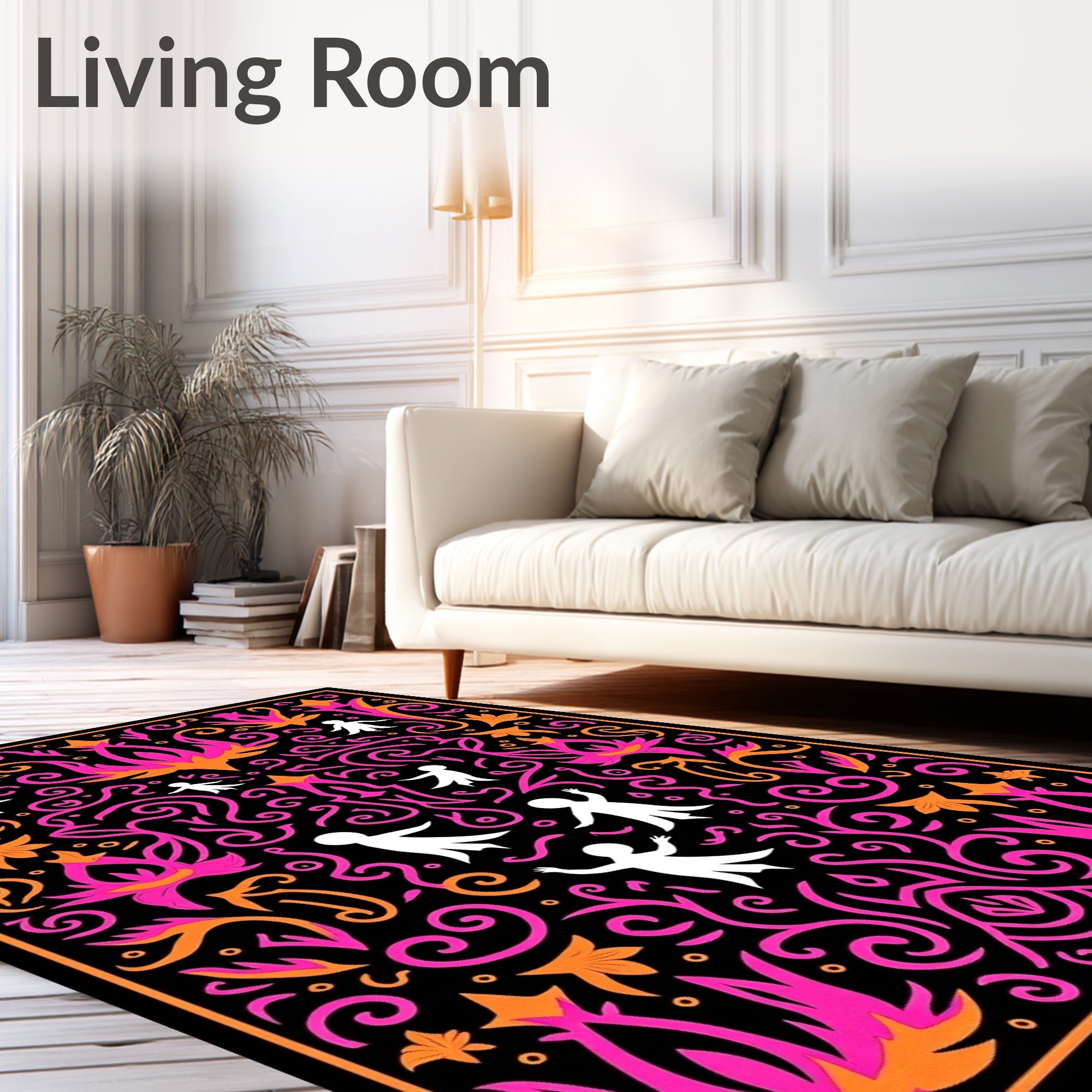 Whimsical Pink Orange Figures Swirl Rug