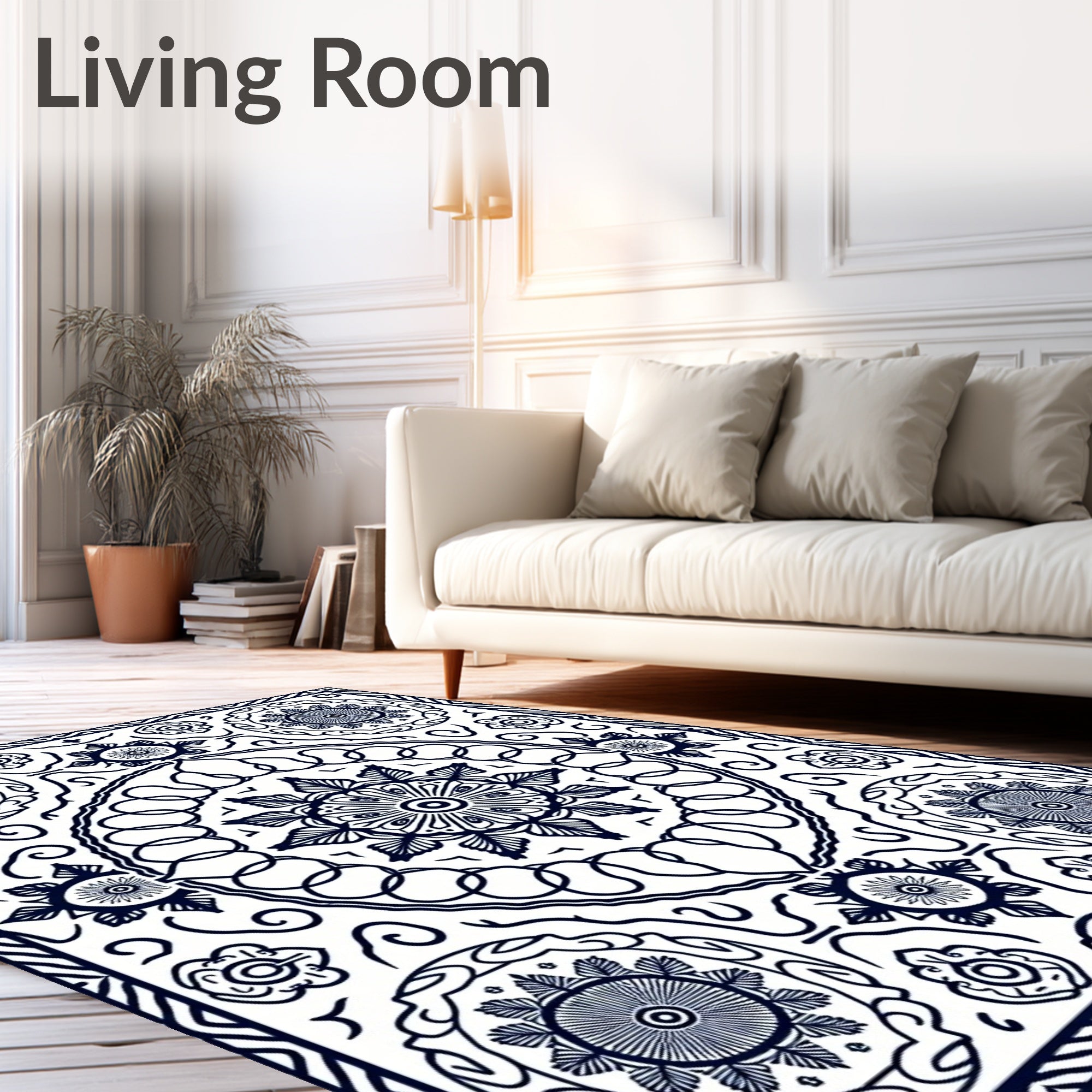 Navy White Medallion Mandala Circular Rug