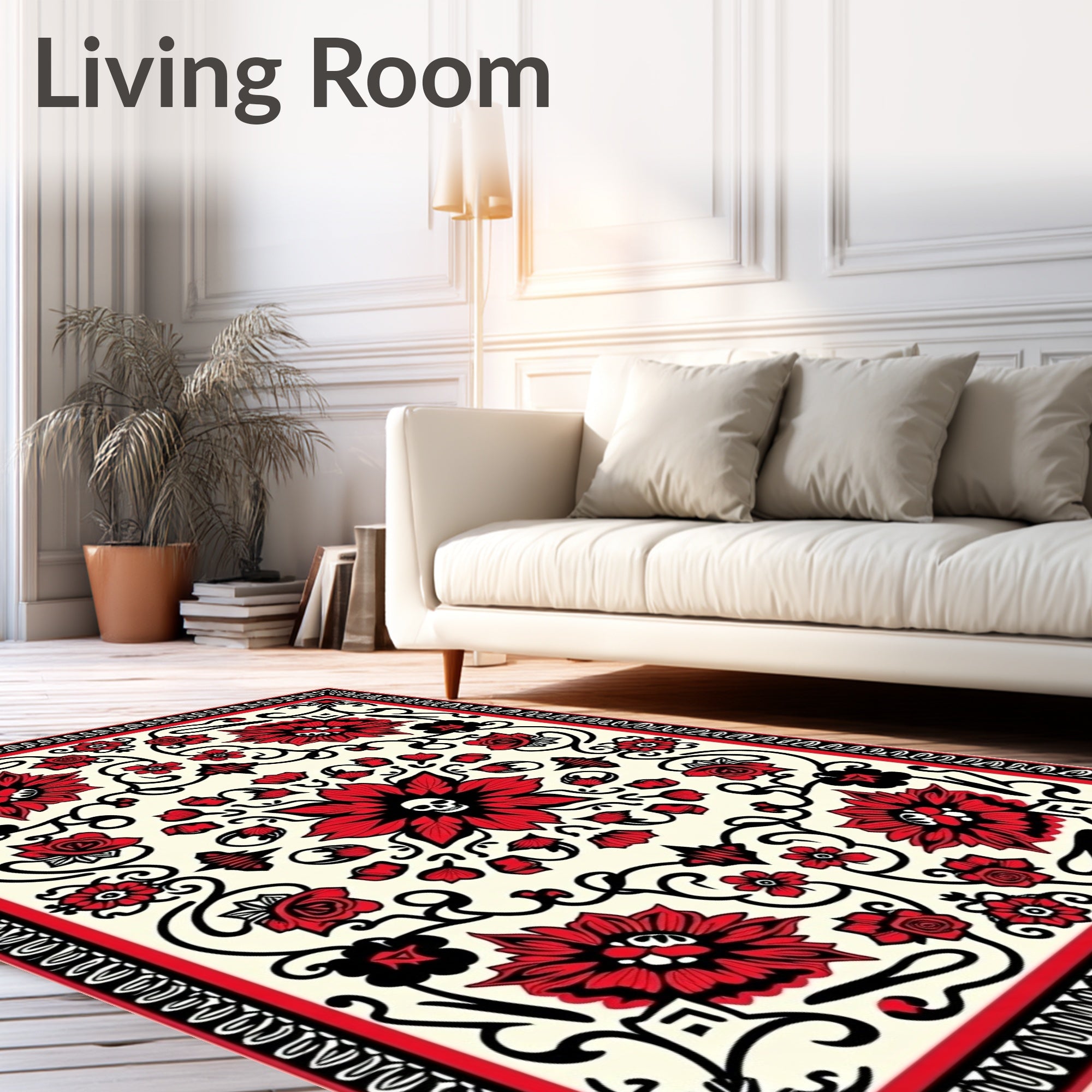 Red Floral Skull Medallion Cream Rug