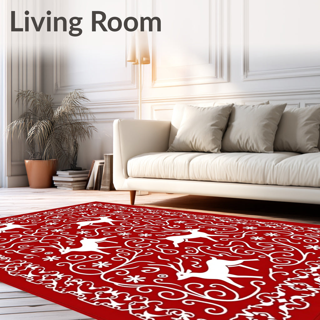 Crimson White Antlered Woodland Scene Rug