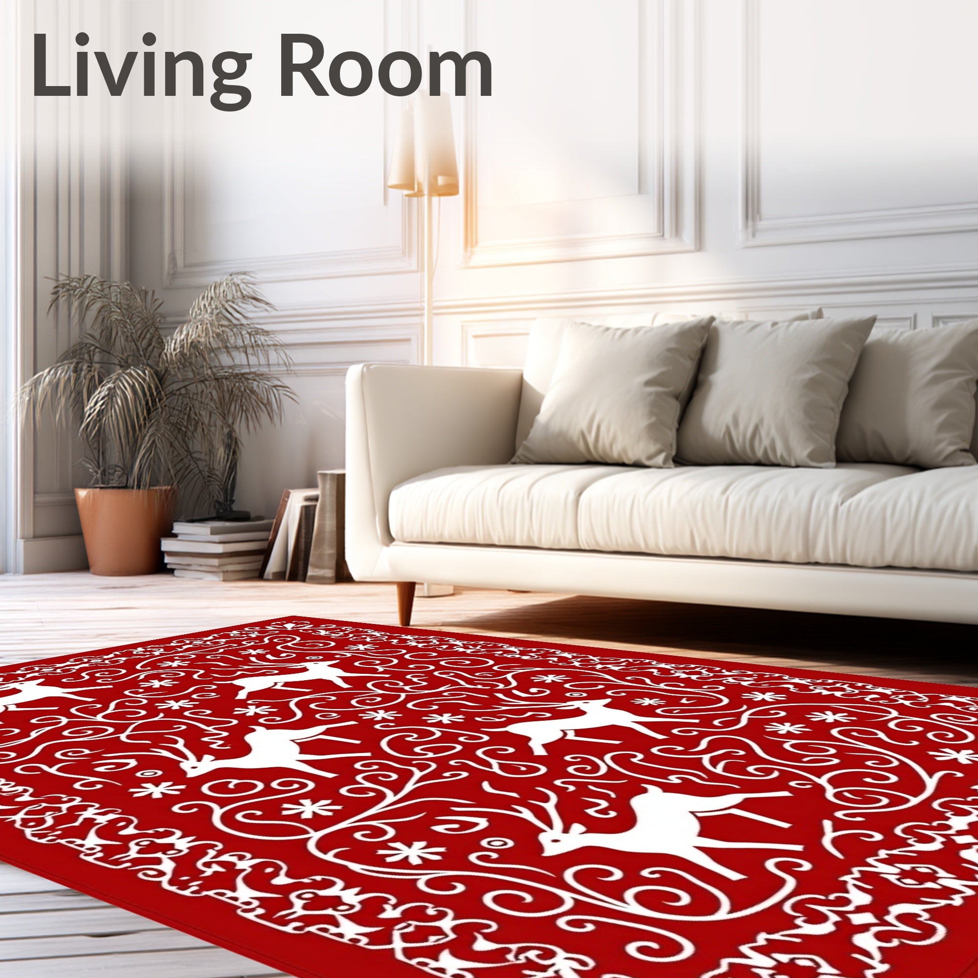 Crimson White Antlered Woodland Scene Rug