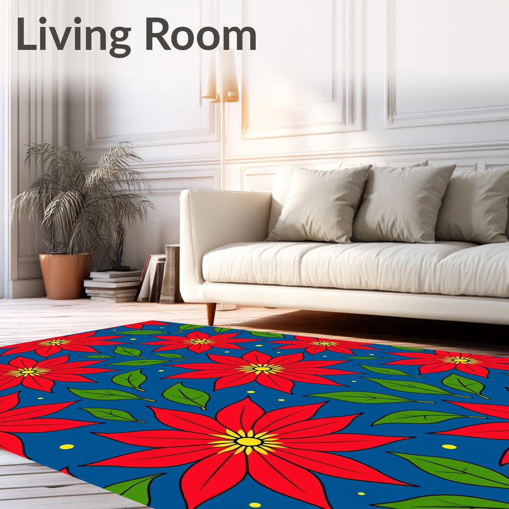 Vibrant Red Floral Garden Blue Rug
