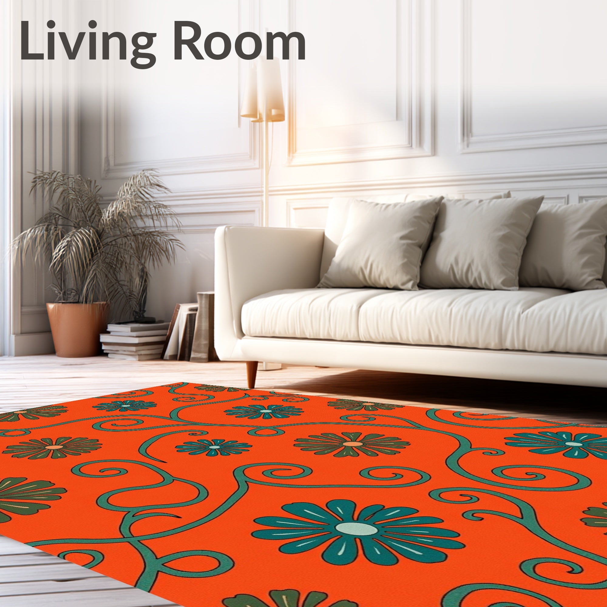 Orange Teal Floral Swirl Tapestry Rug