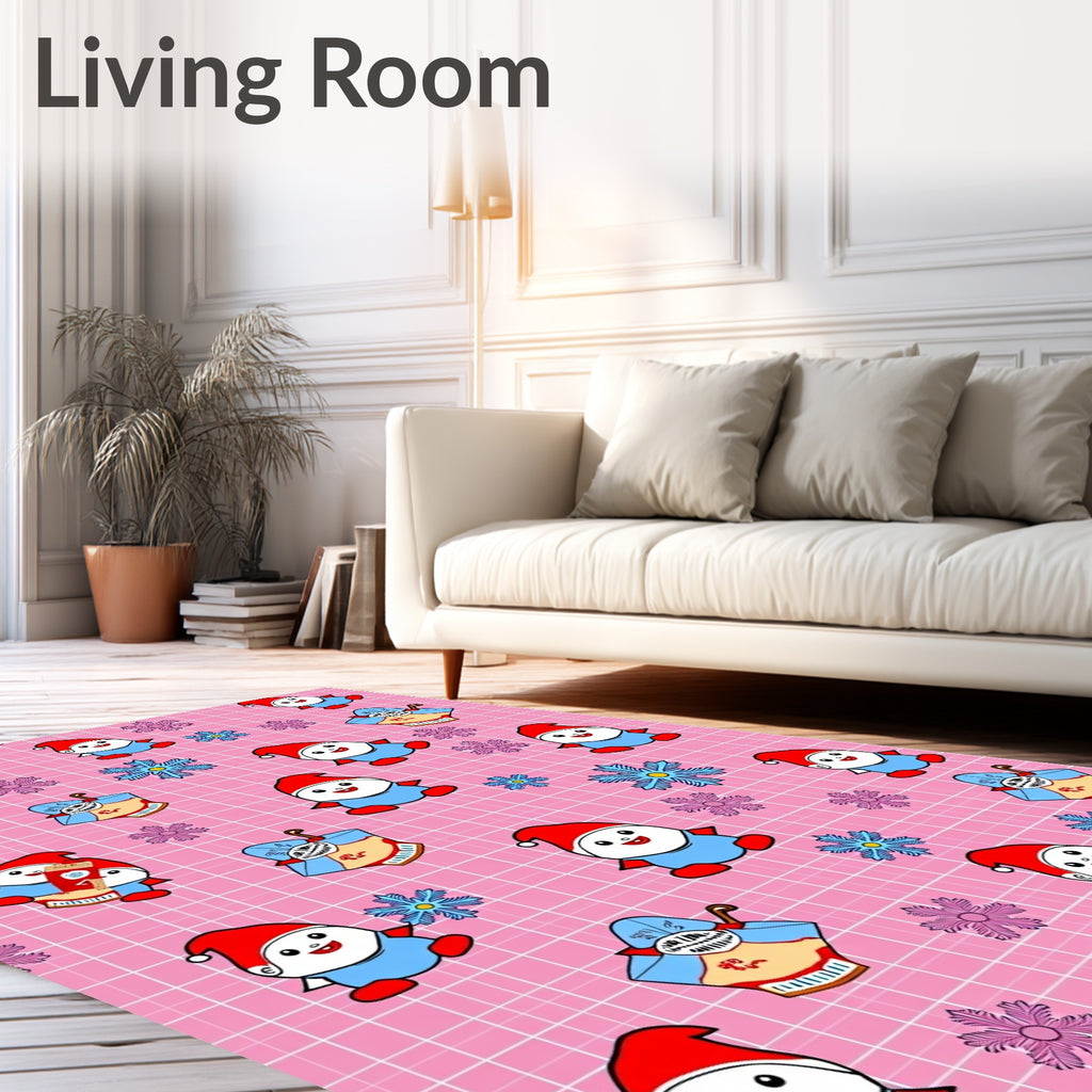 Whimsical Gnomes Snowflakes Pink Grid Rug