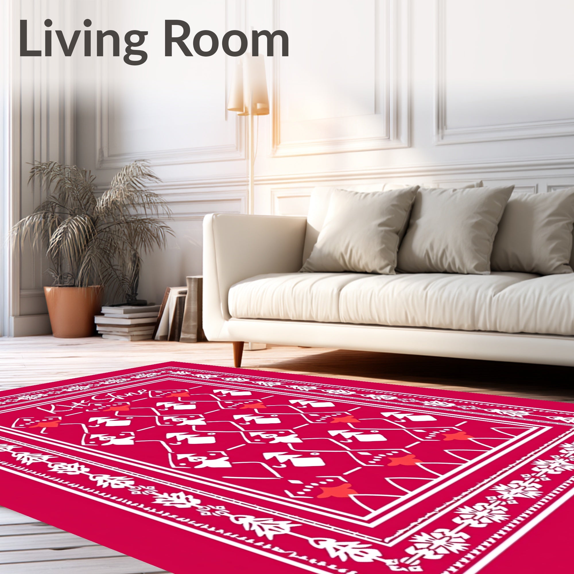 Bright Red Geometric Tree Border Rug