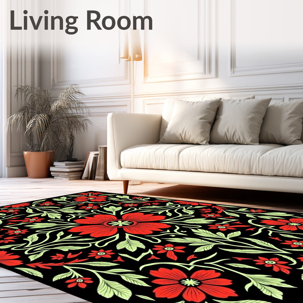 Crimson Red Floral Vine Black Rug
