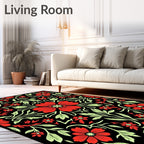 Crimson Red Floral Vine Black Rug