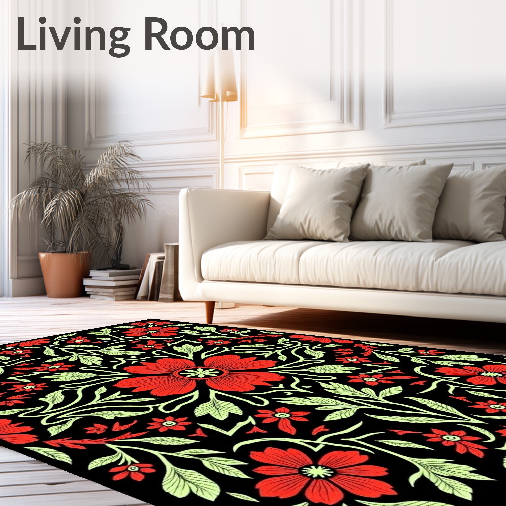 Crimson Red Floral Vine Black Rug