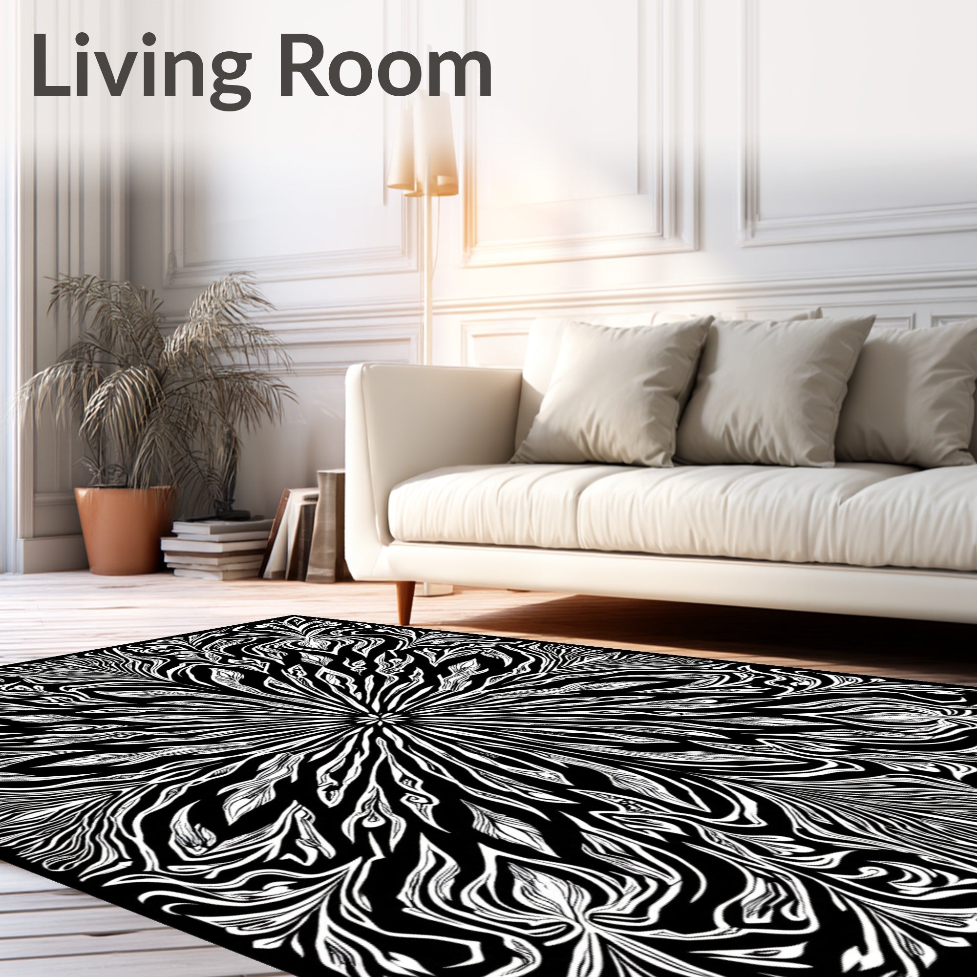Monochromatic Black White Floral Rays Rug