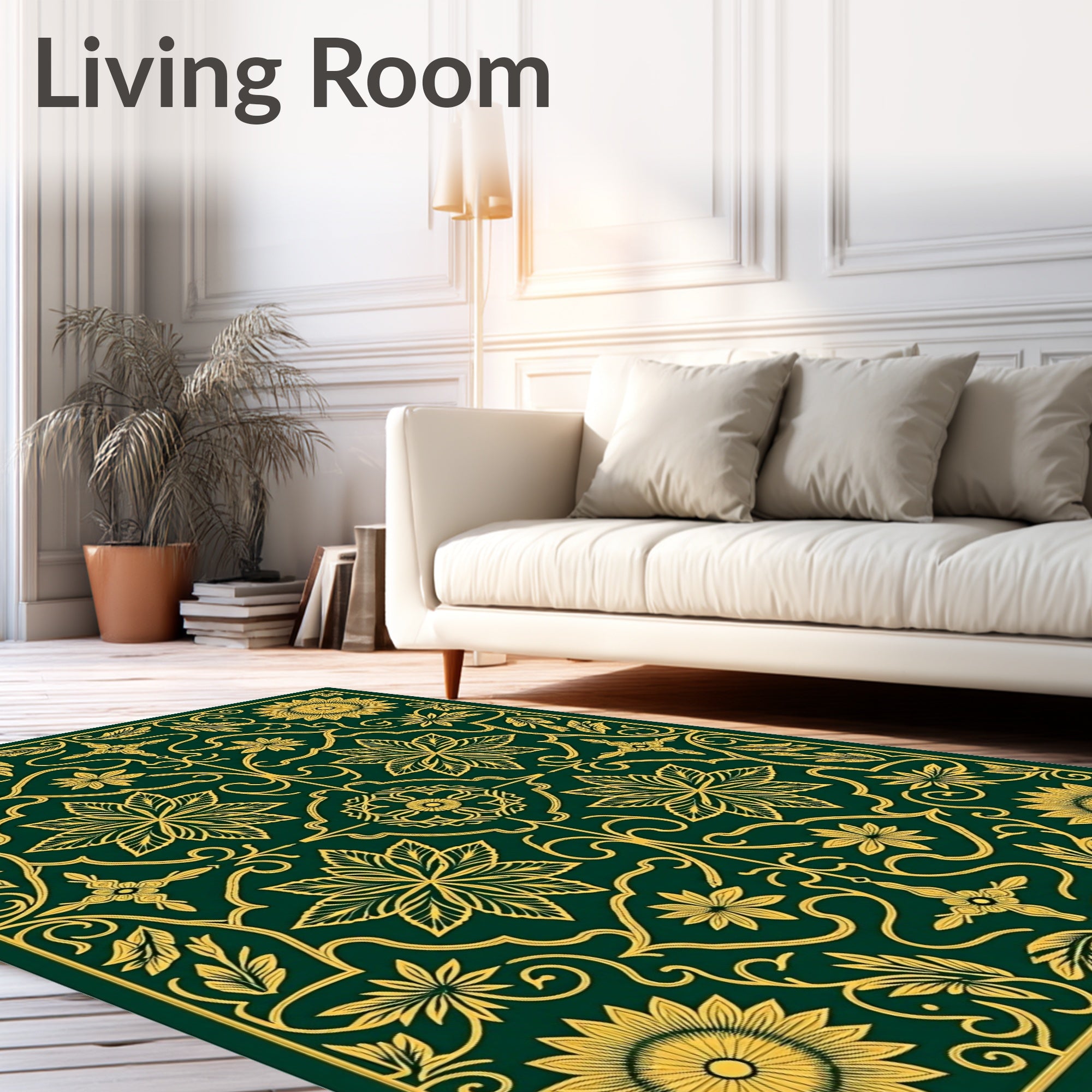 Gold Floral Vine Emerald Medallion Rug