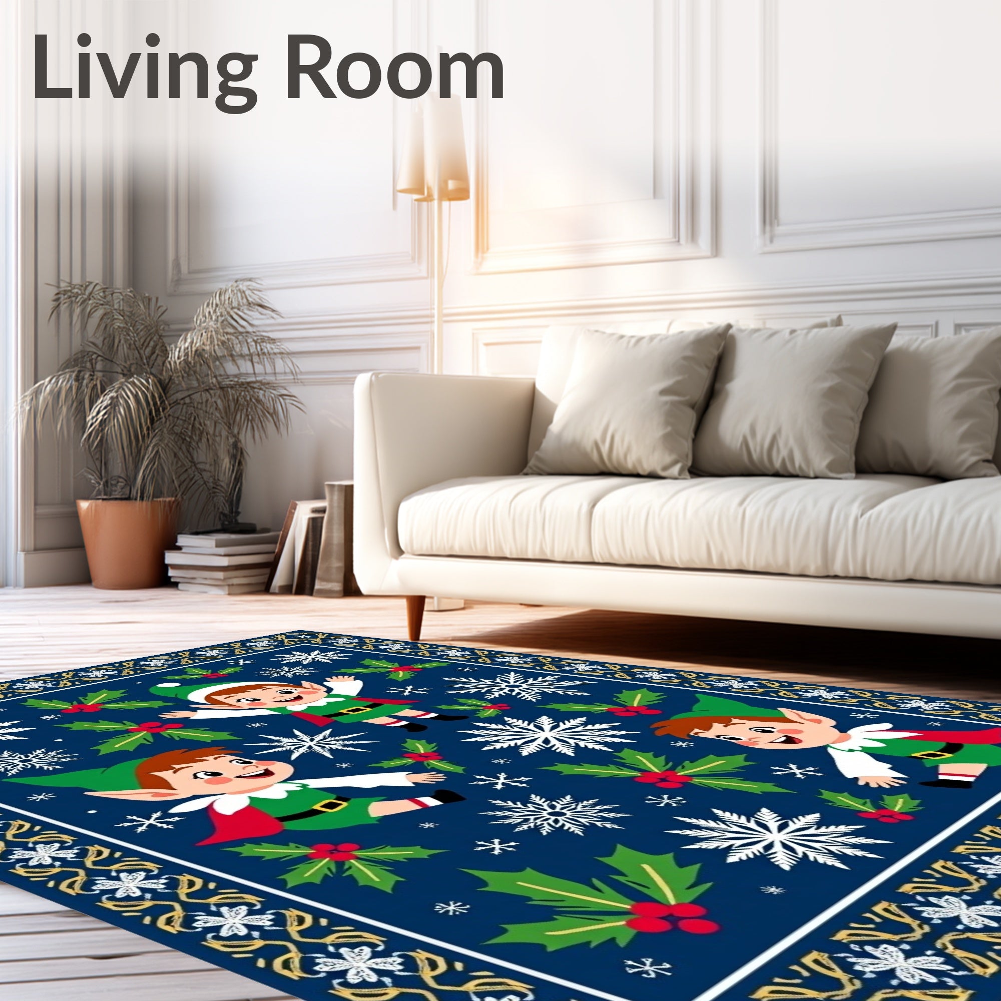 Festive Elf Holly Snowflake Navy Blue Rug