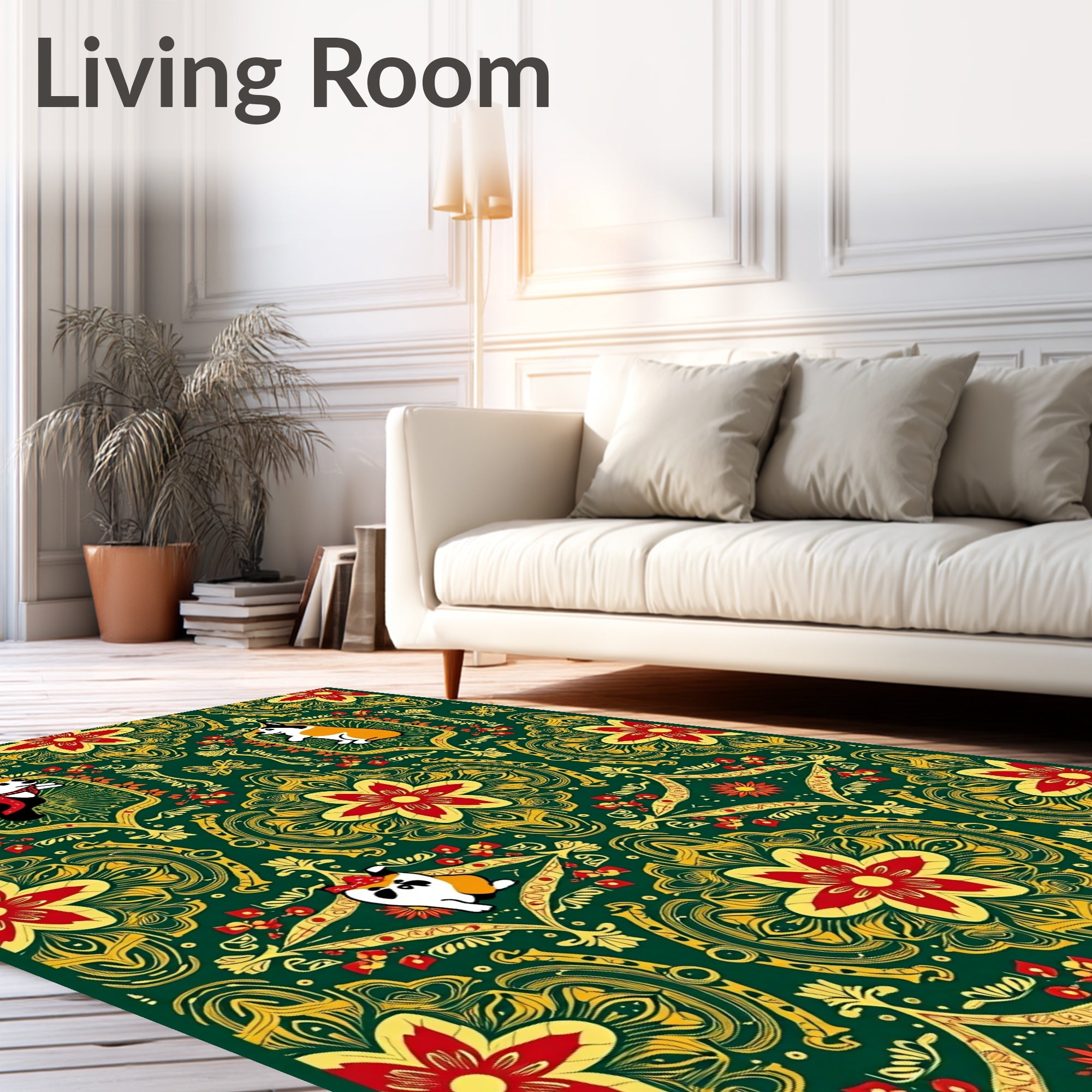 Emerald Green Floral Corgi Medallion Rug