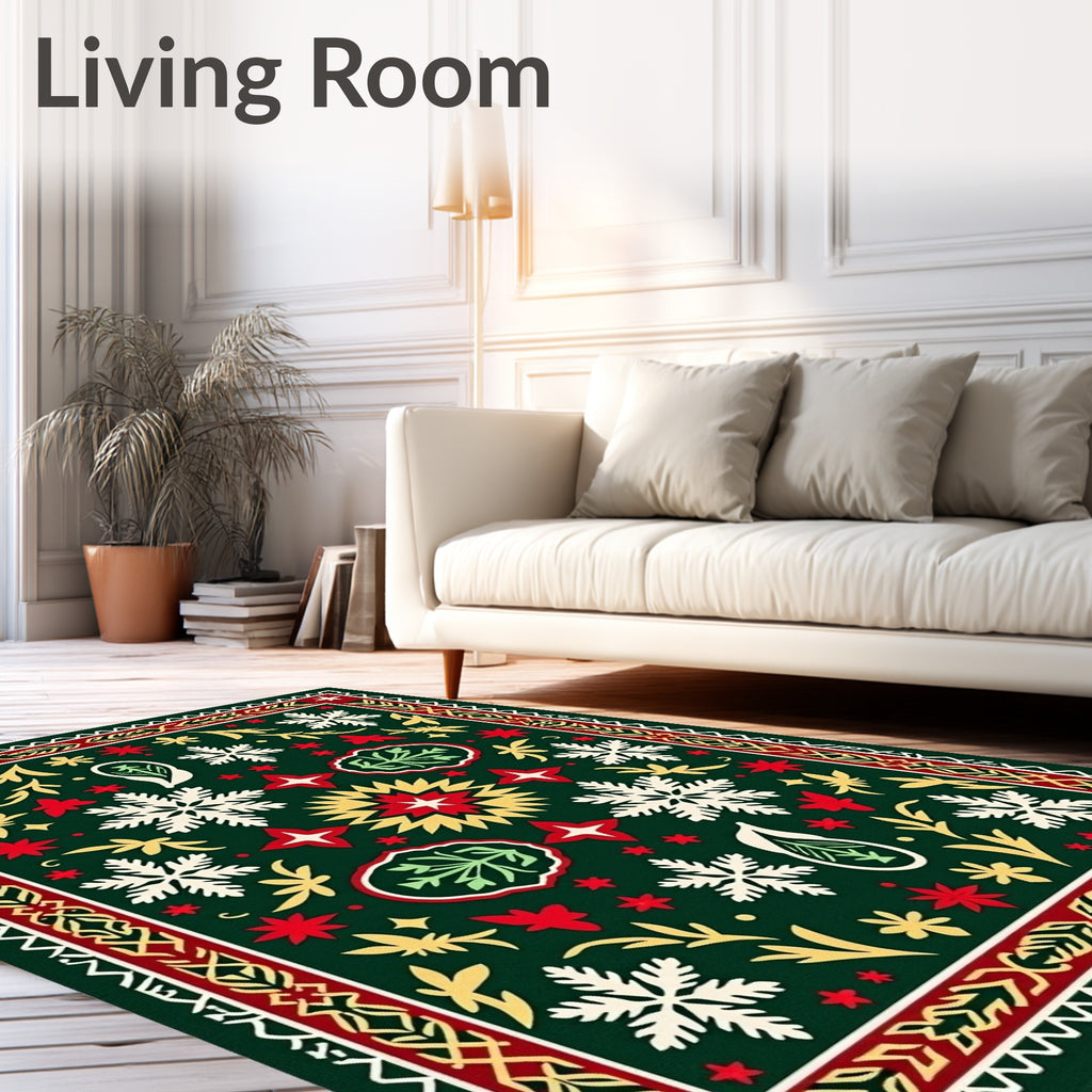 Dark Green Snowflake Festive Floral Rug