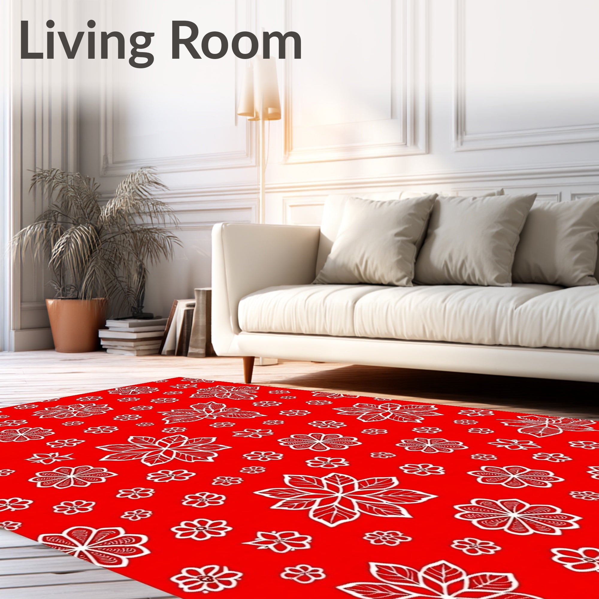 Vibrant Red White Floral Collage Rug