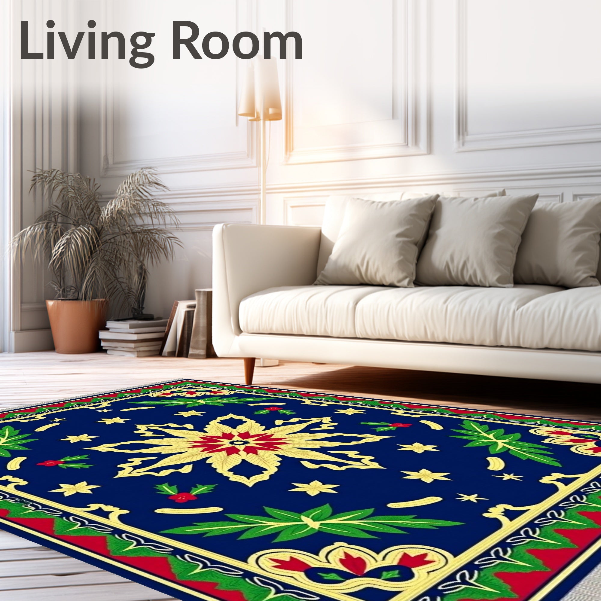 Royal Blue Golden Floral Poinsettia Rug