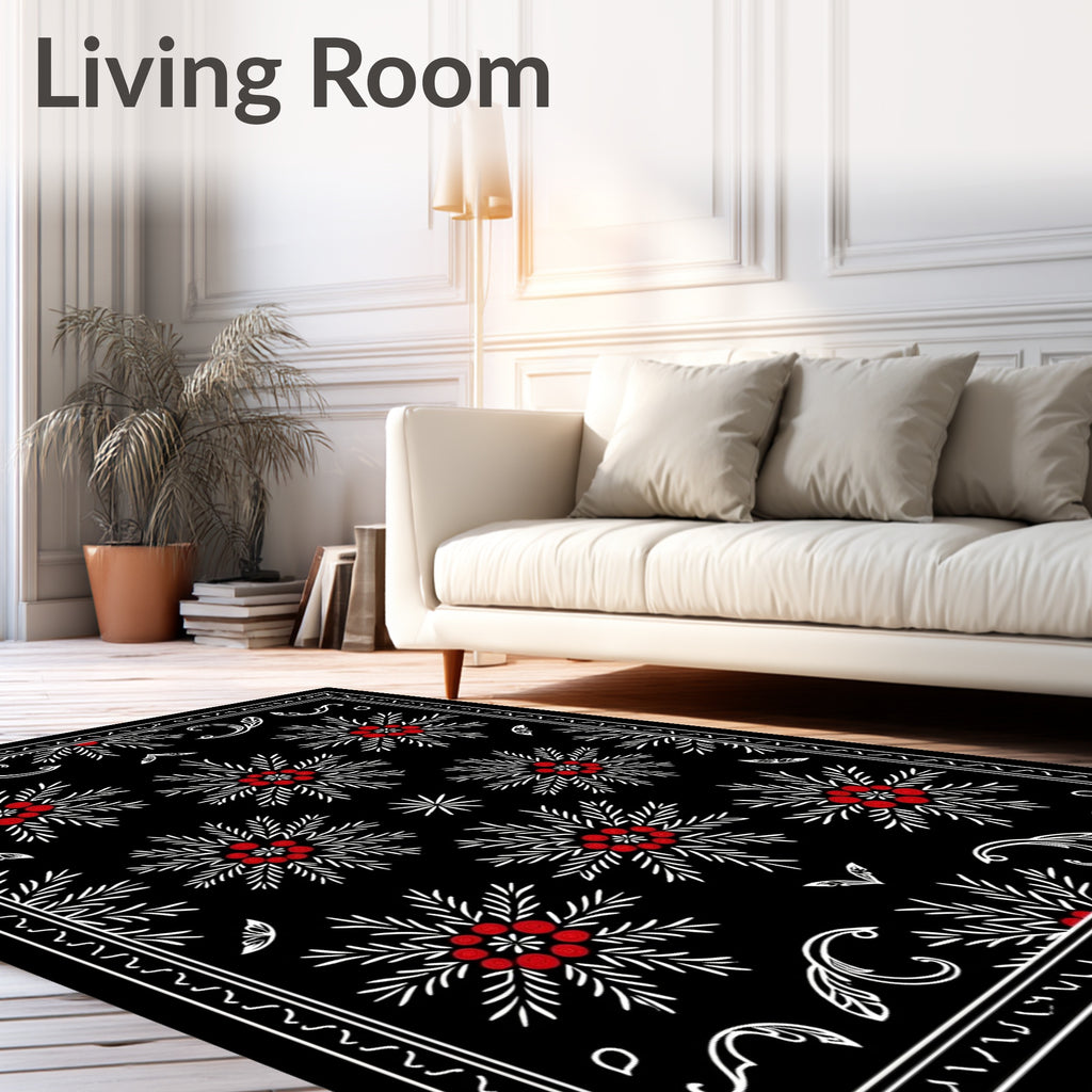 Black White Red Floral Medallion Rug