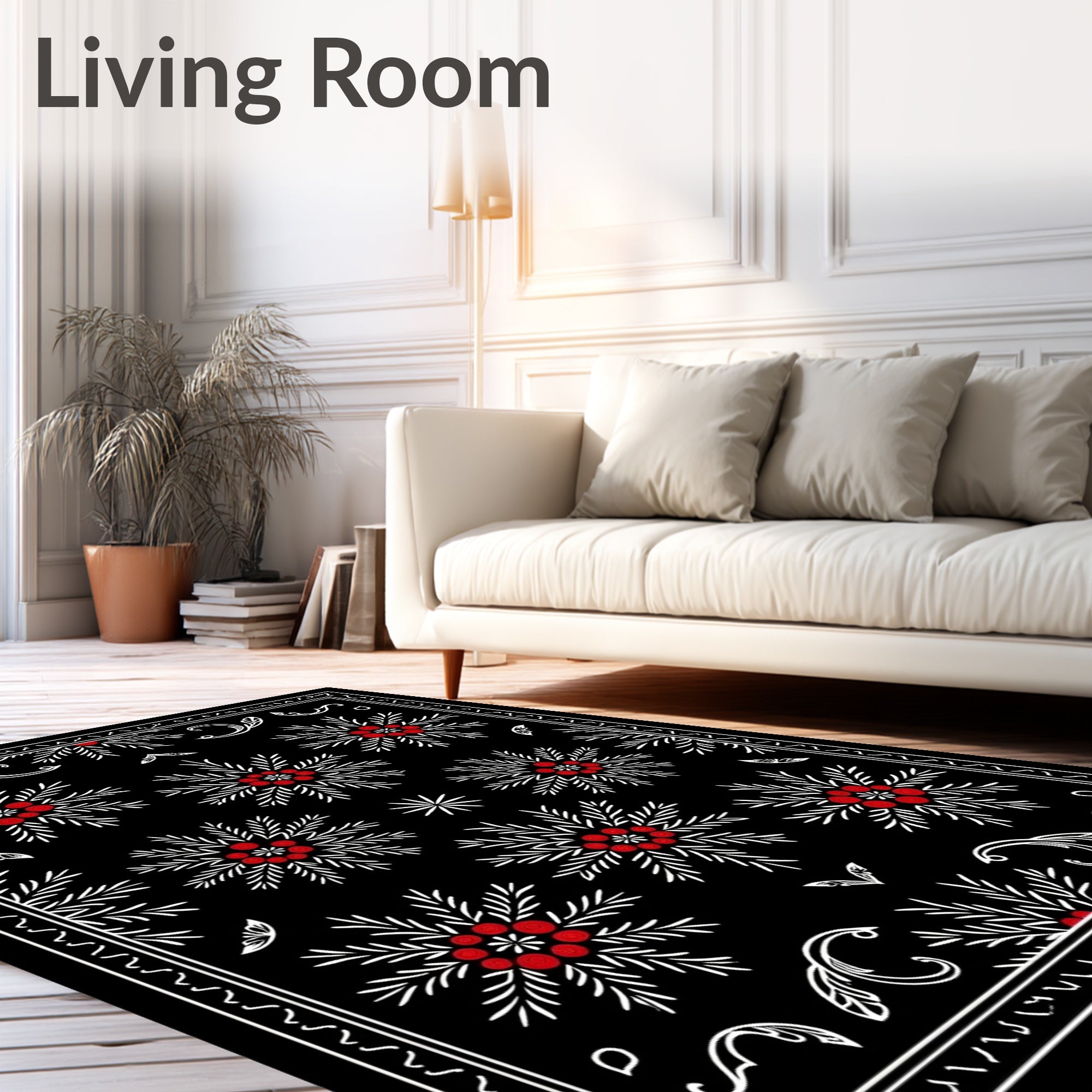 Black White Red Floral Medallion Rug