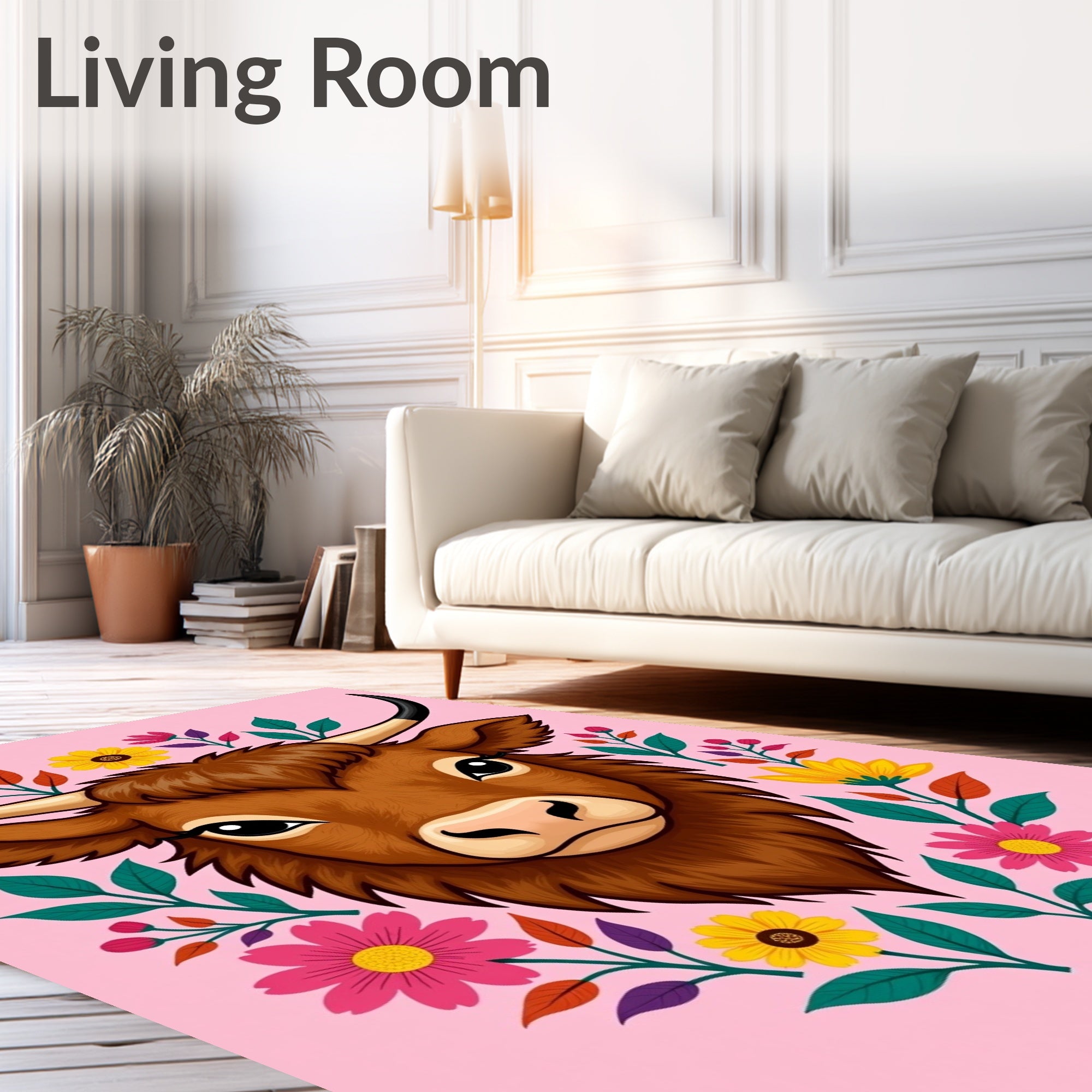 Brown Highland Cow Floral Wreath Rug
