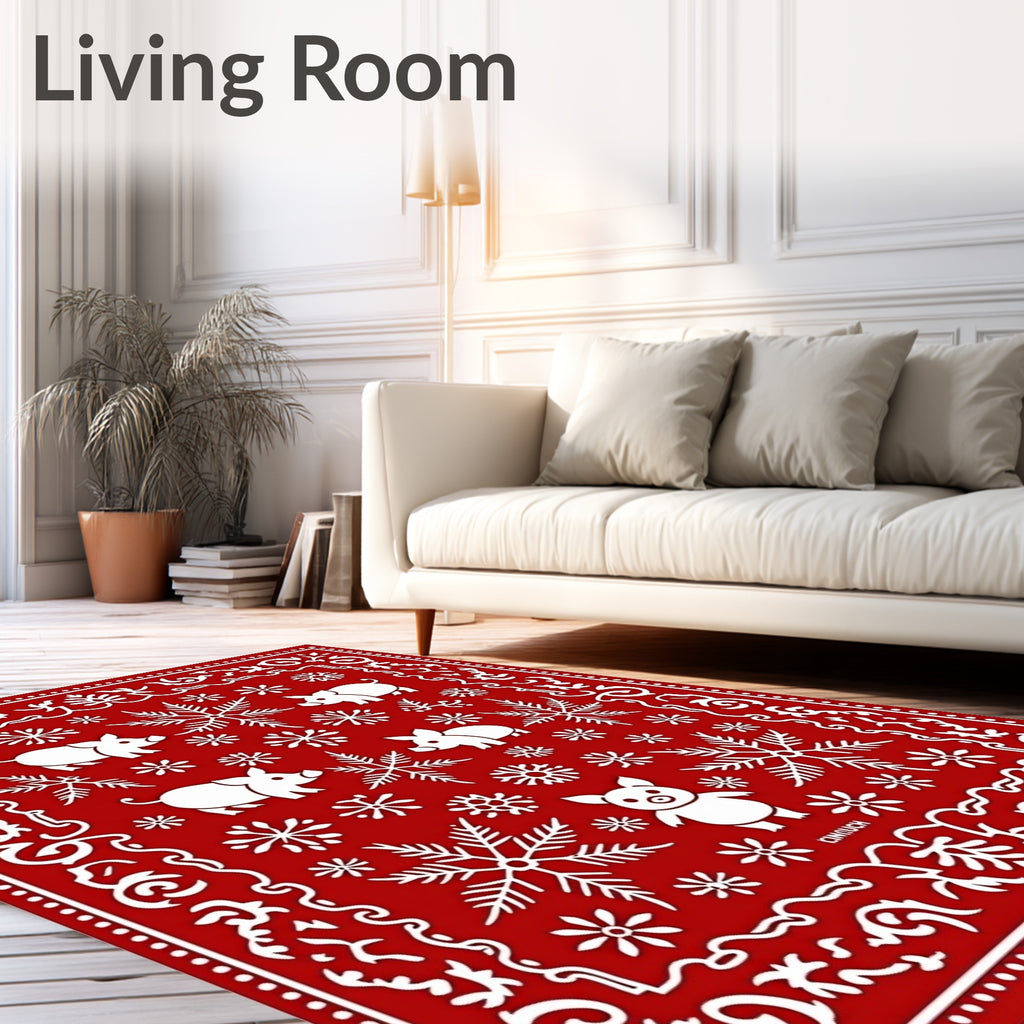 Red Festive Pigs Snowflakes Border Rug