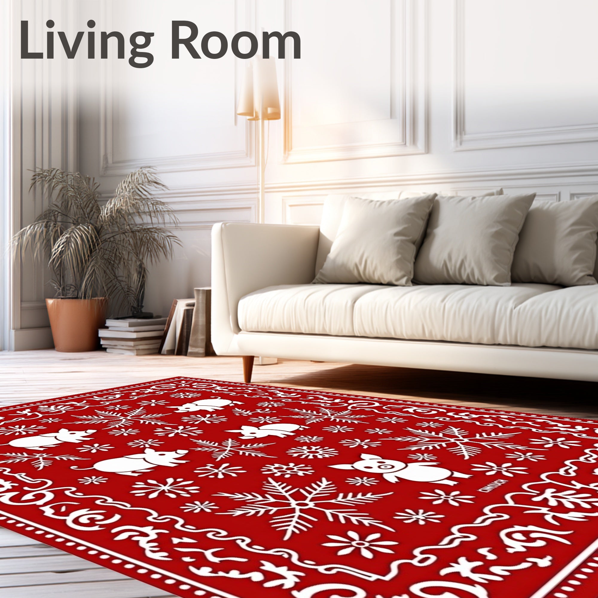 Red Festive Pigs Snowflakes Border Rug