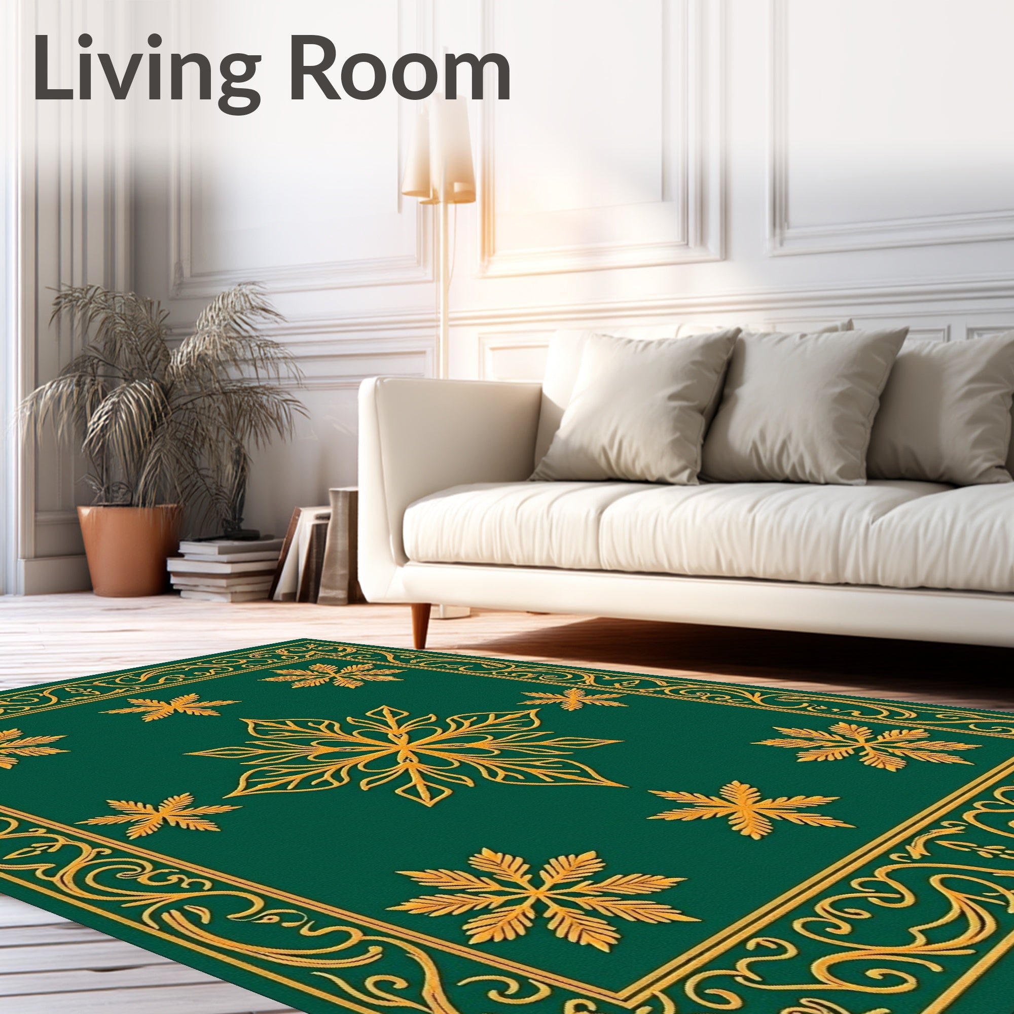 Emerald Green Golden Floral Medallion Border Rug