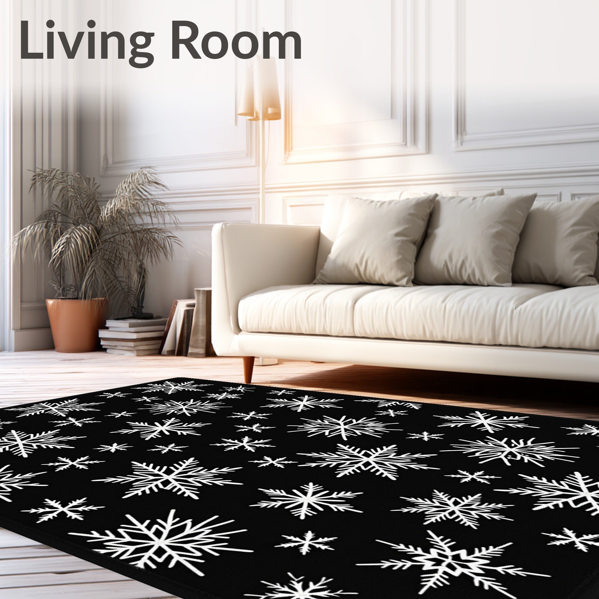 White Snowflakes on Black Background Rug