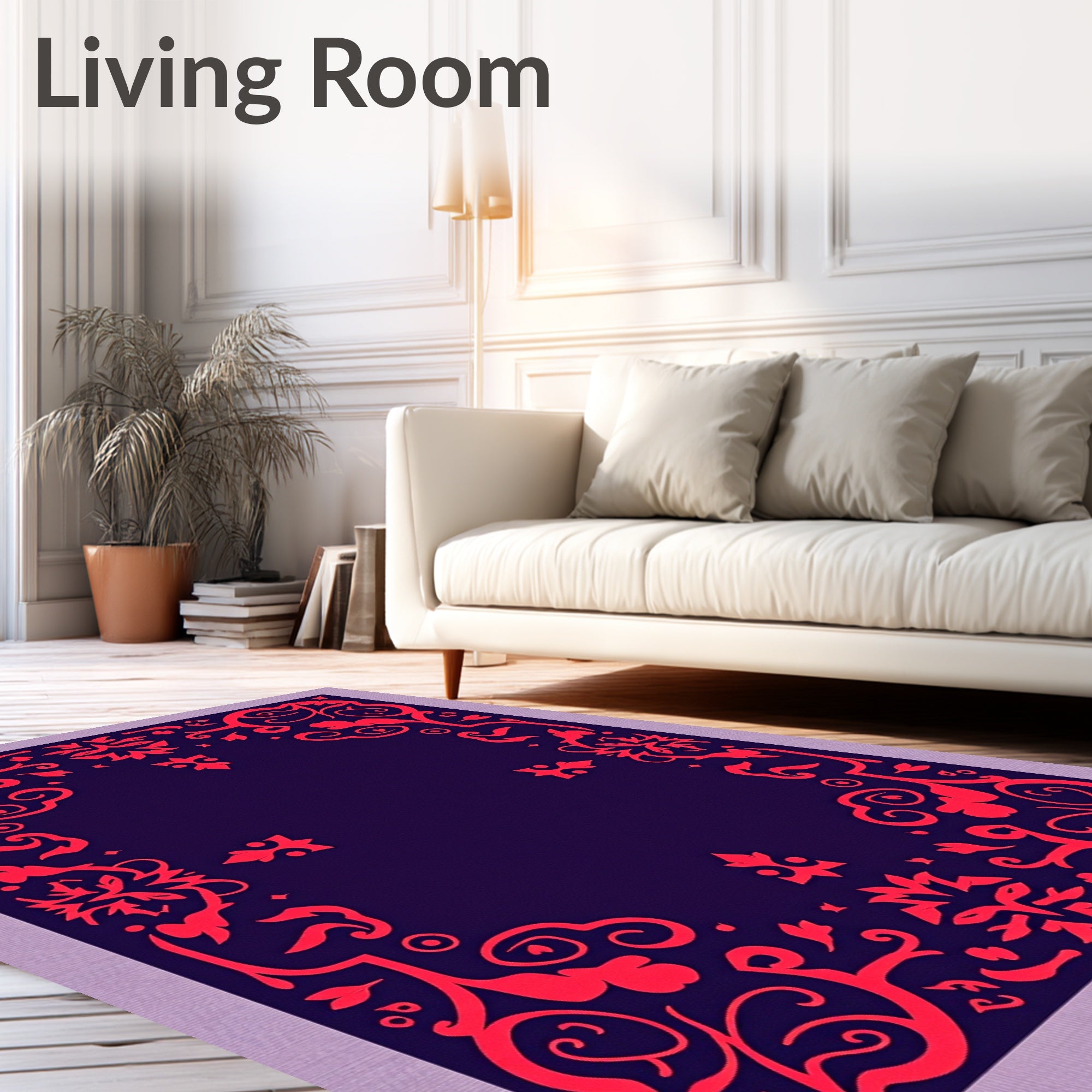 Vibrant Crimson Floral Damask Border Rug