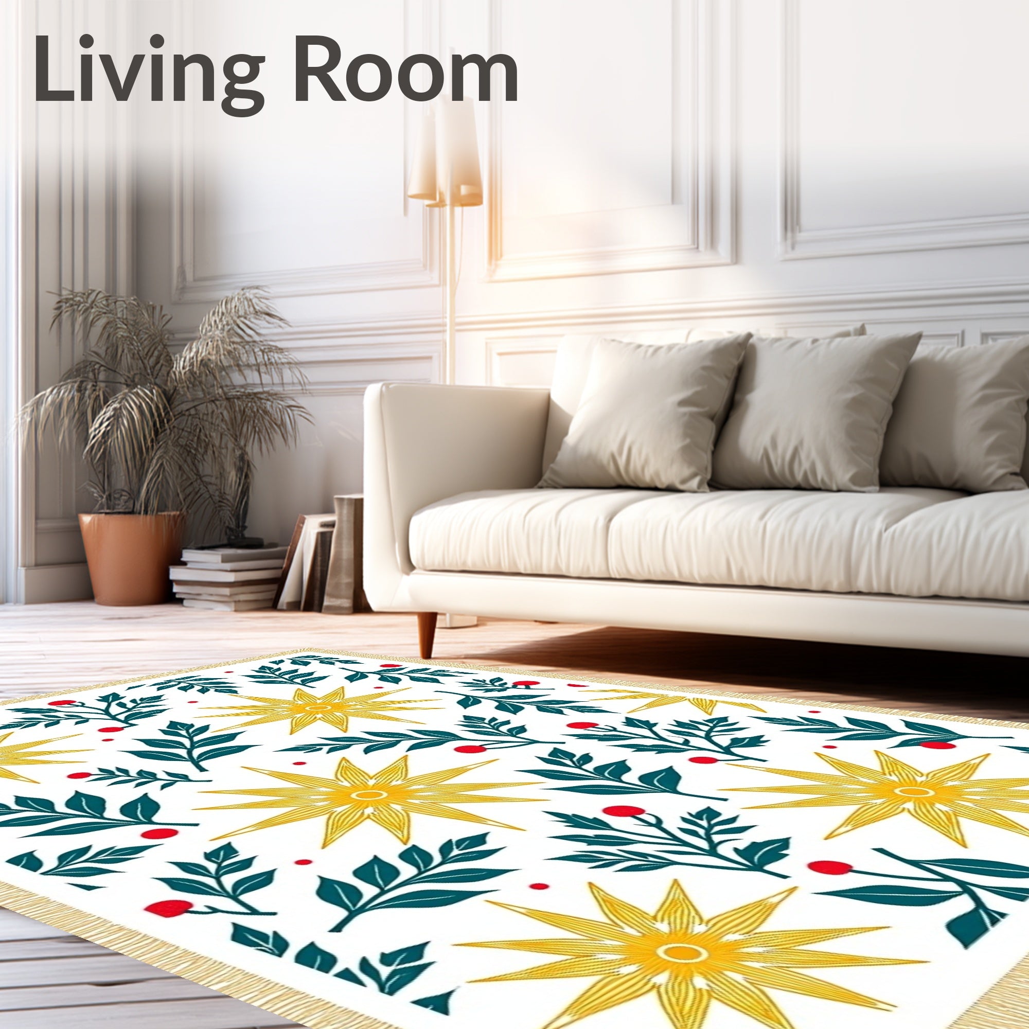 Golden Starbursts Teal Foliage Red Berries Rug