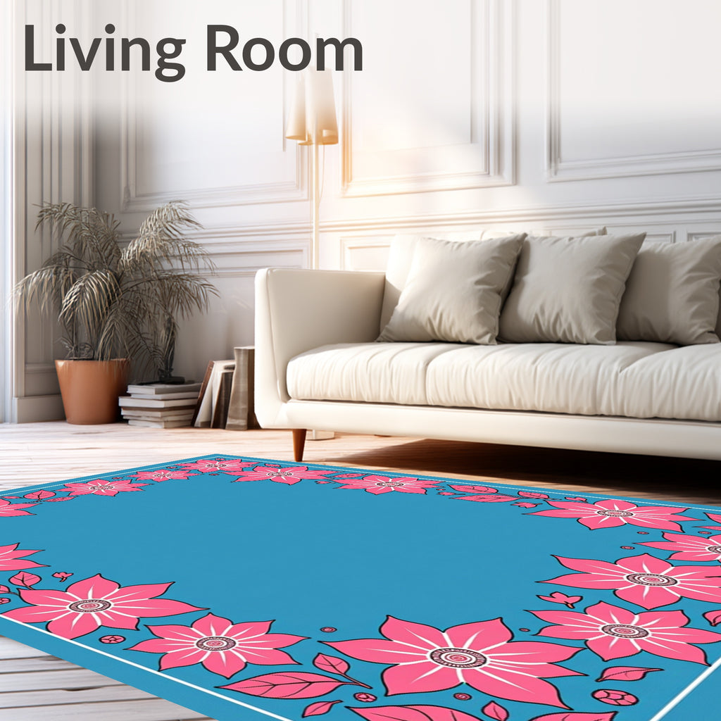 Bright Pink Floral Border Blue Rug