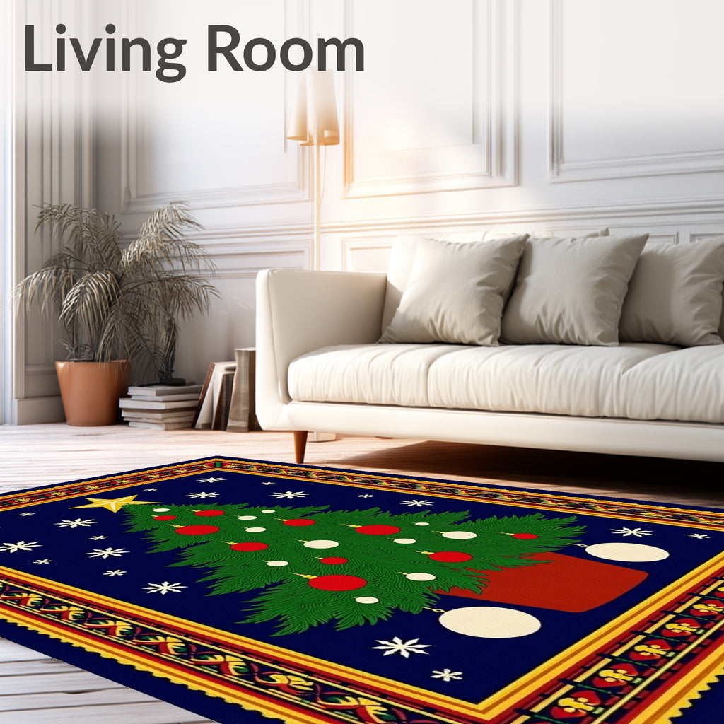 Festive Green Christmas Tree Snowflake Border Rug