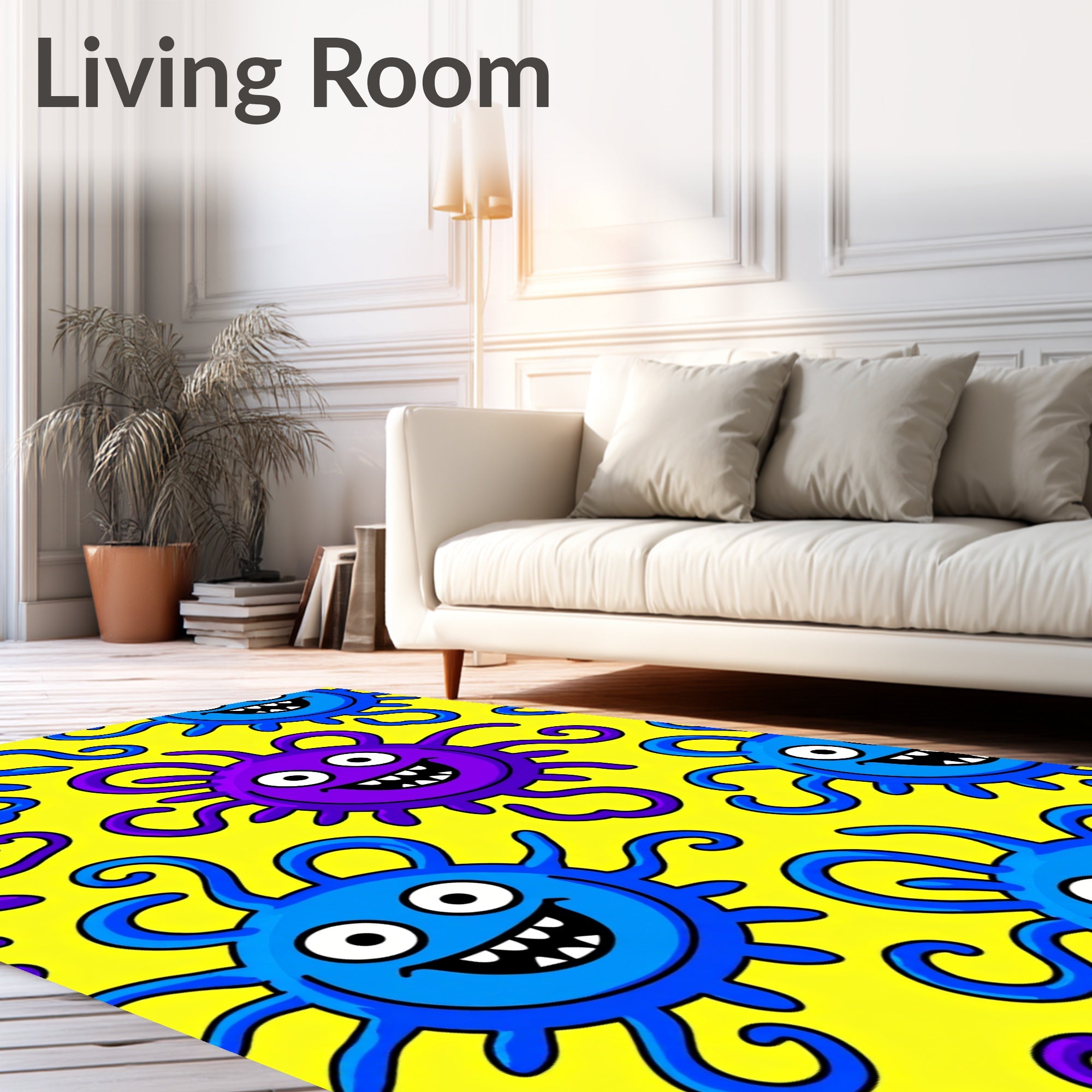 Funny Blue Purple Creatures Yellow Background Rug