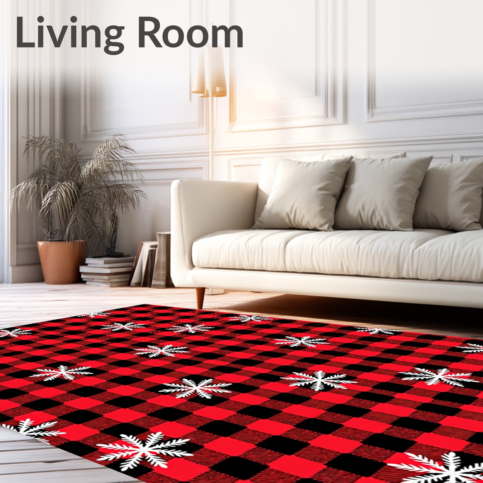 Red Black Buffalo Plaid Snowflake Rug