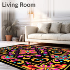 Vibrant Floral Frame Black Rug