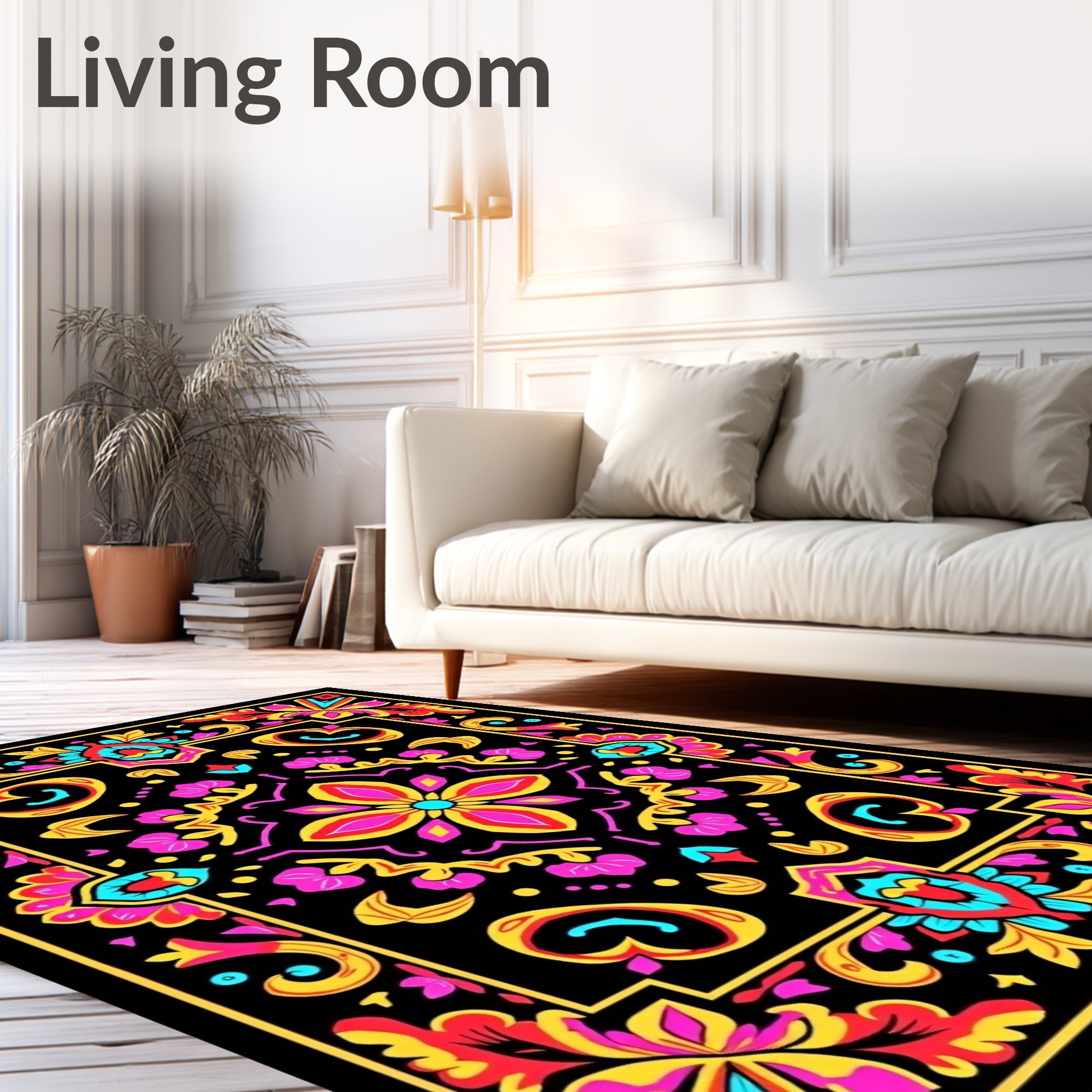 Vibrant Floral Frame Black Rug