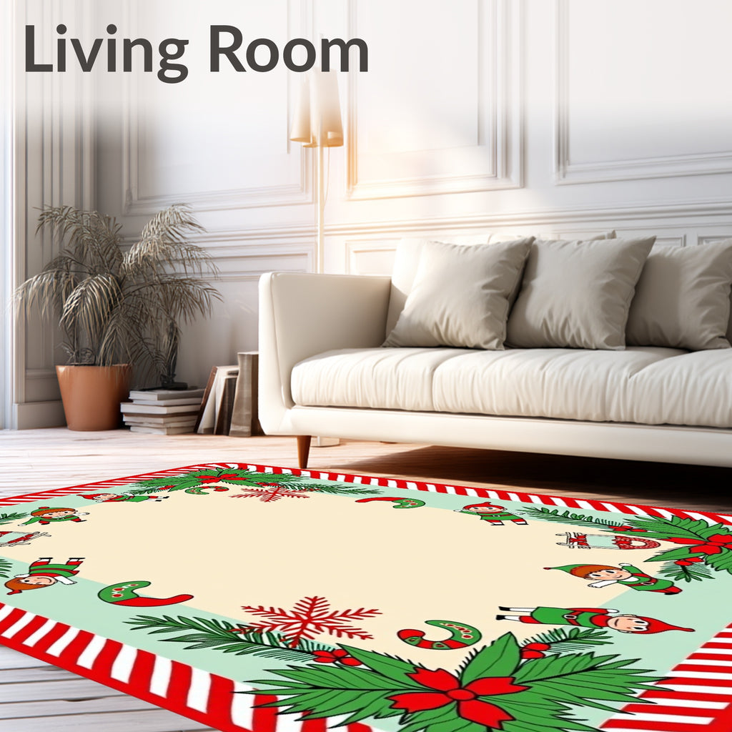 Whimsical Christmas Elves Candy Cane Foliage Rug