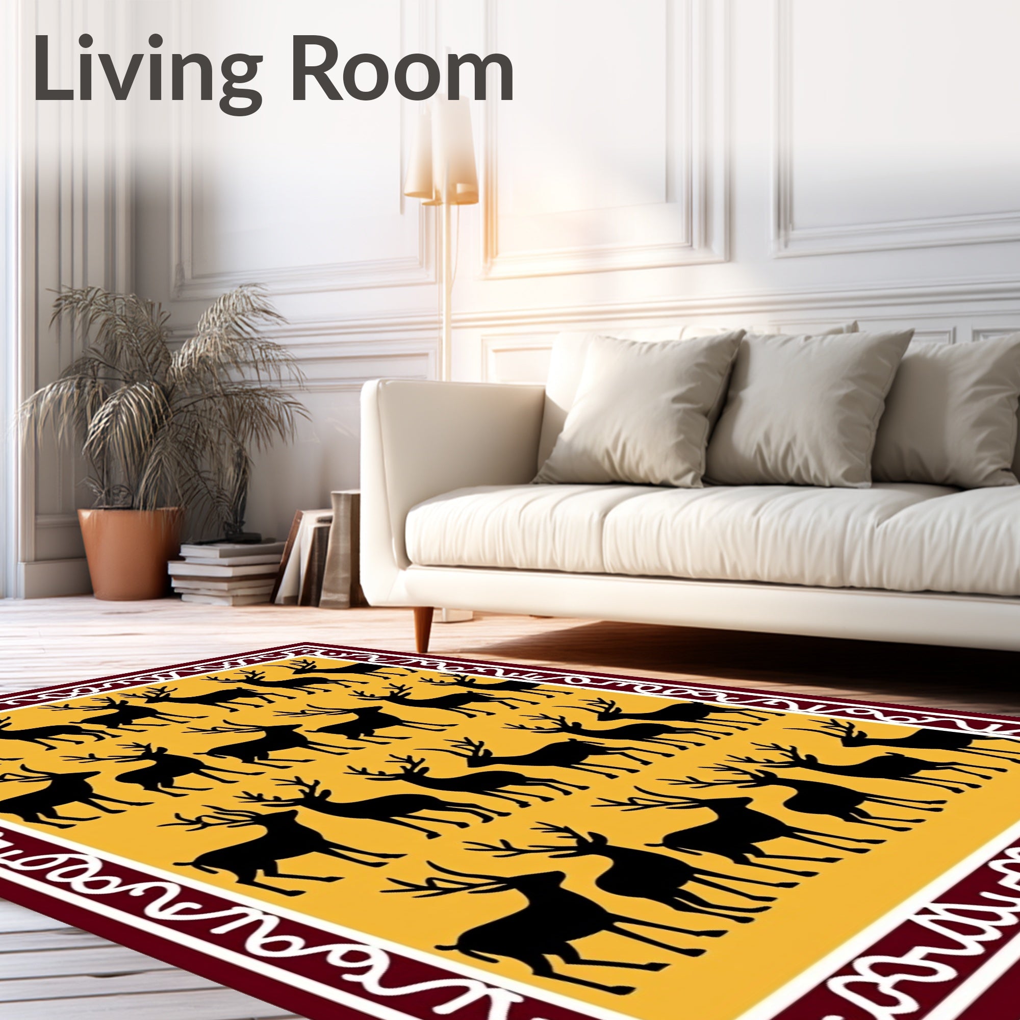 Burgundy Yellow Forest Deer Arrangement Rug