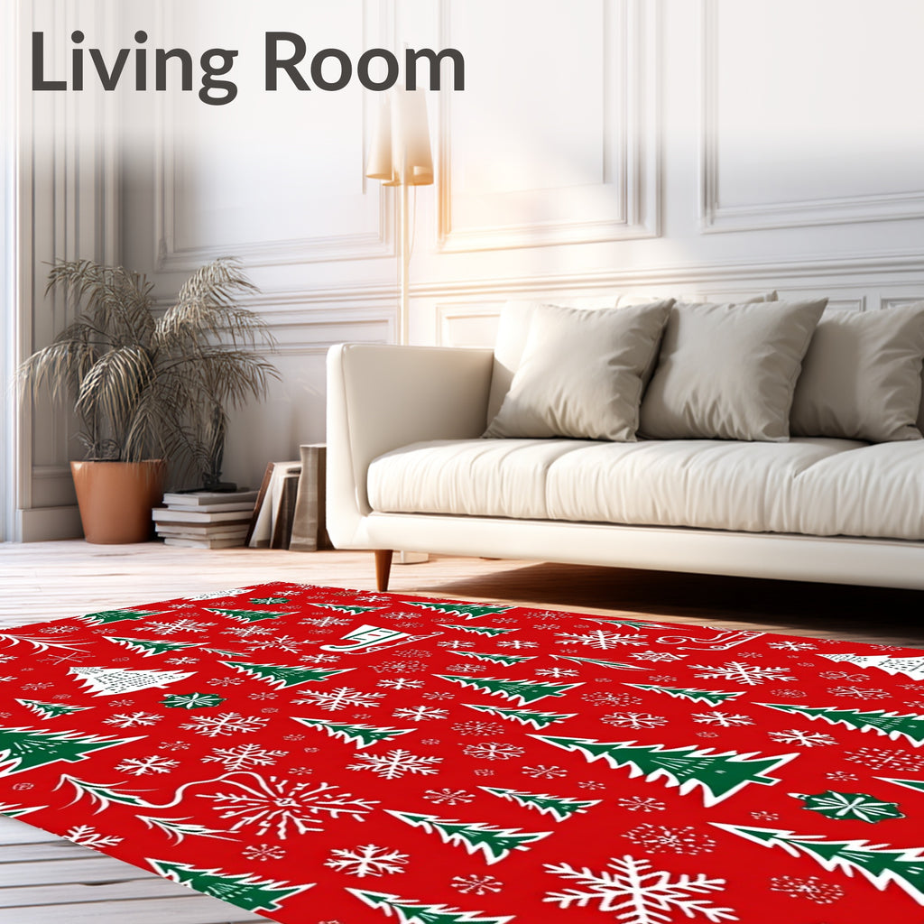Red White Green Christmas Trees Snowflakes Rug