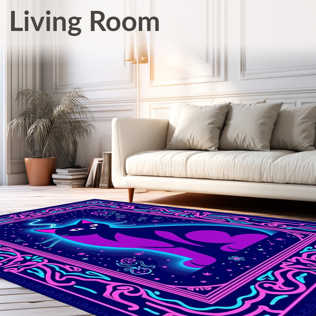Neon Cat Cosmic Night Border Rug