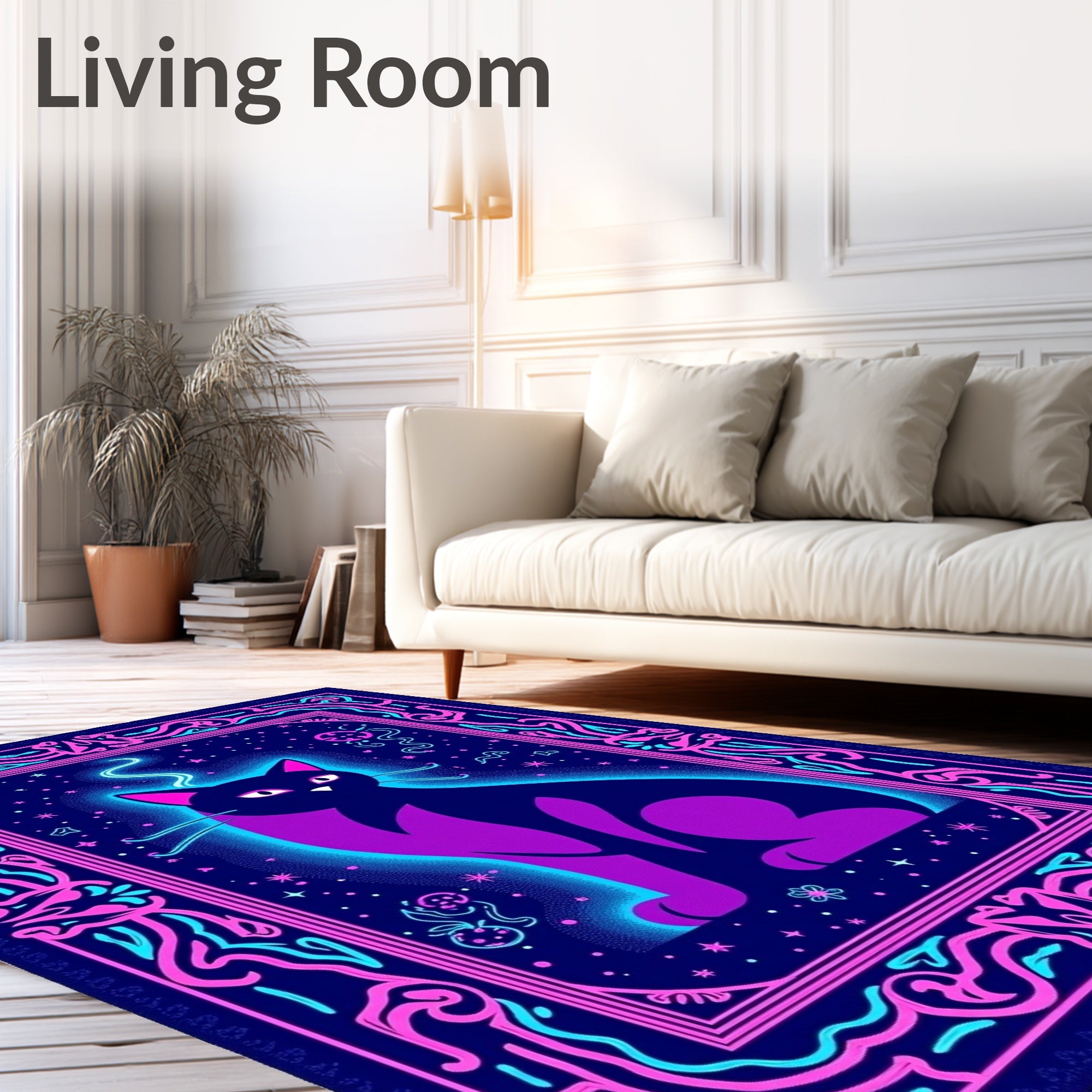 Neon Cat Cosmic Night Border Rug
